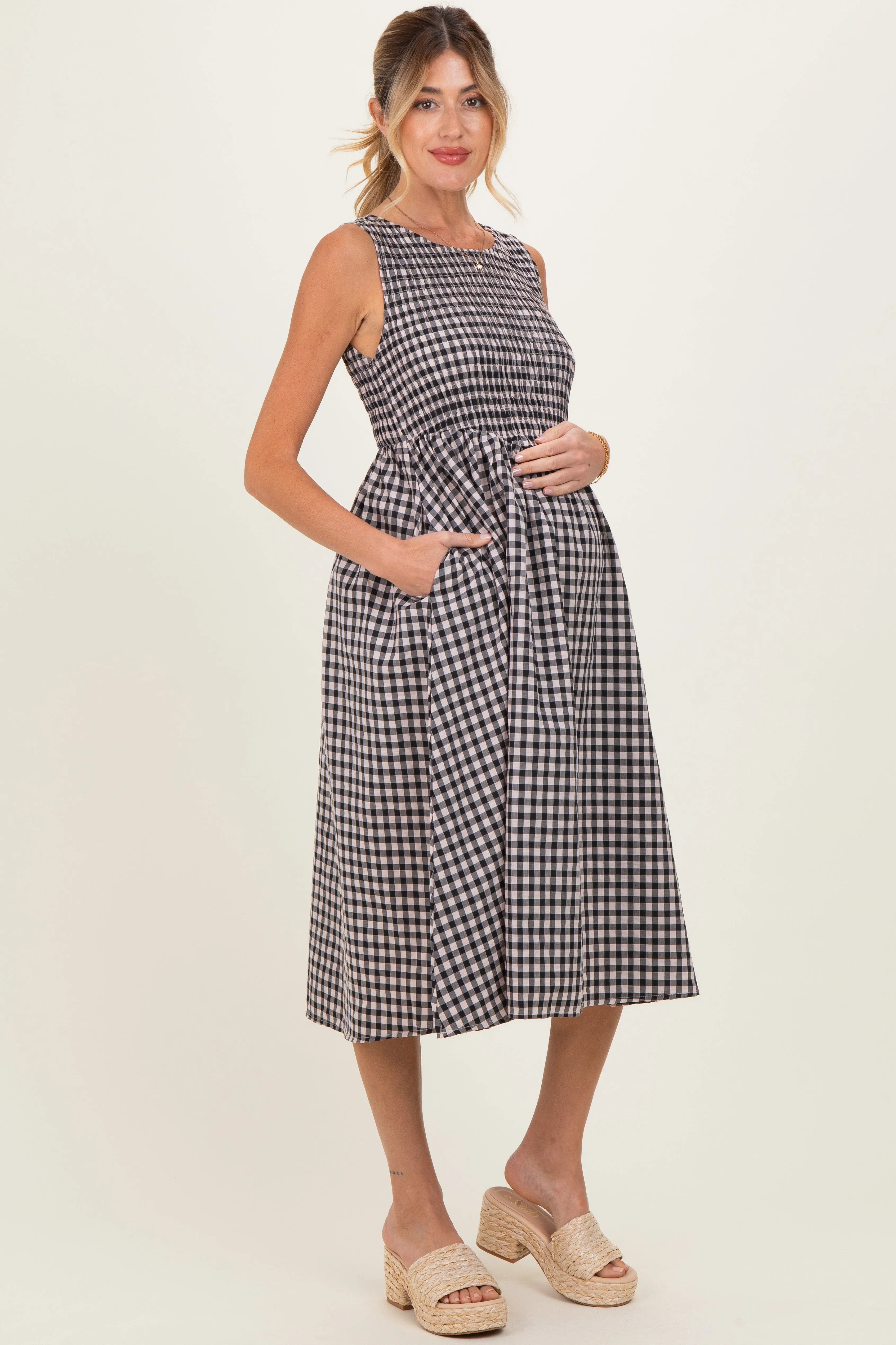 Black Gingham Smocked Sleeveless Maternity Midi Dress sold by Pinkblush