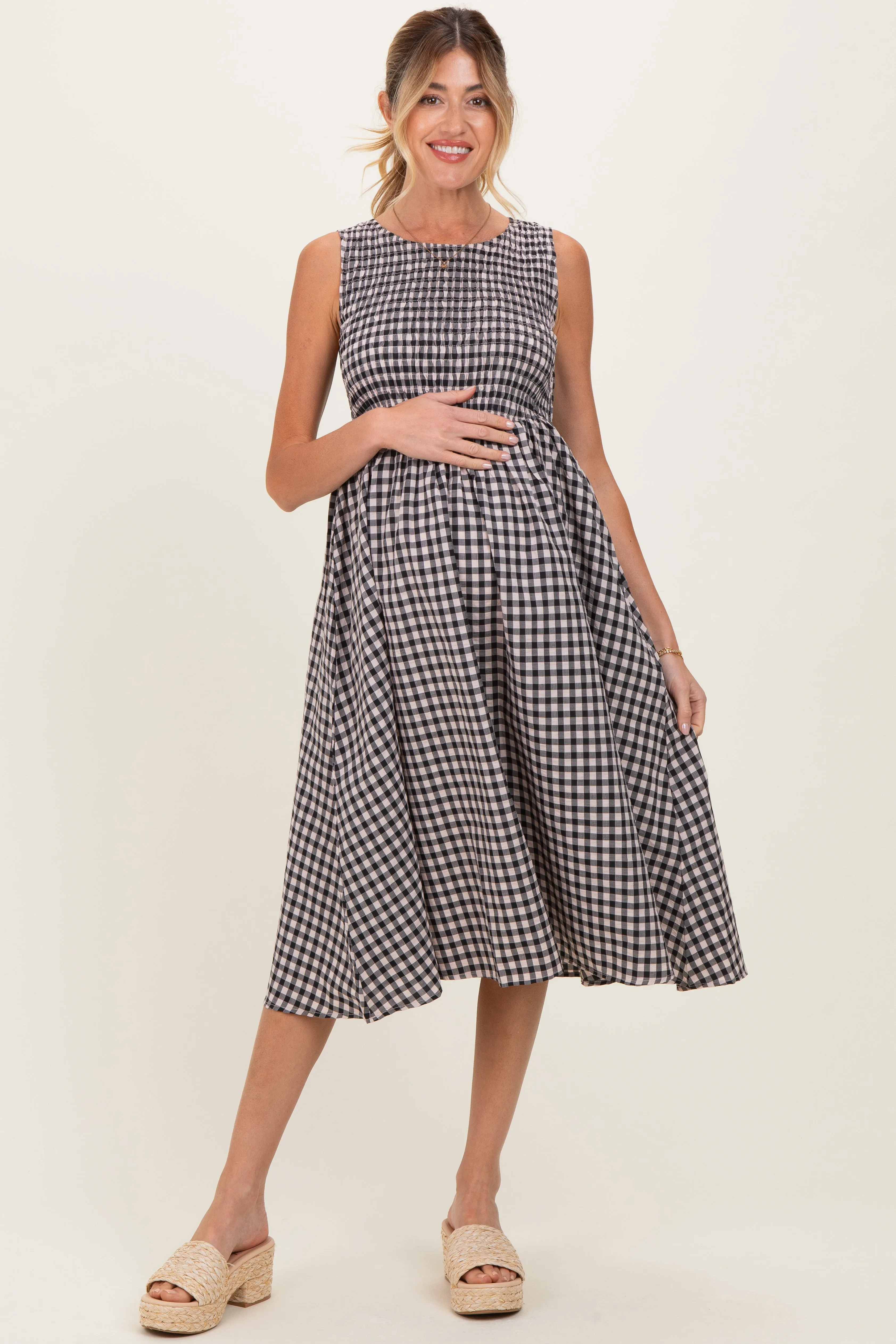 Black Gingham Smocked Sleeveless Maternity Midi Dress sold by Pinkblush product image thumbnail 2