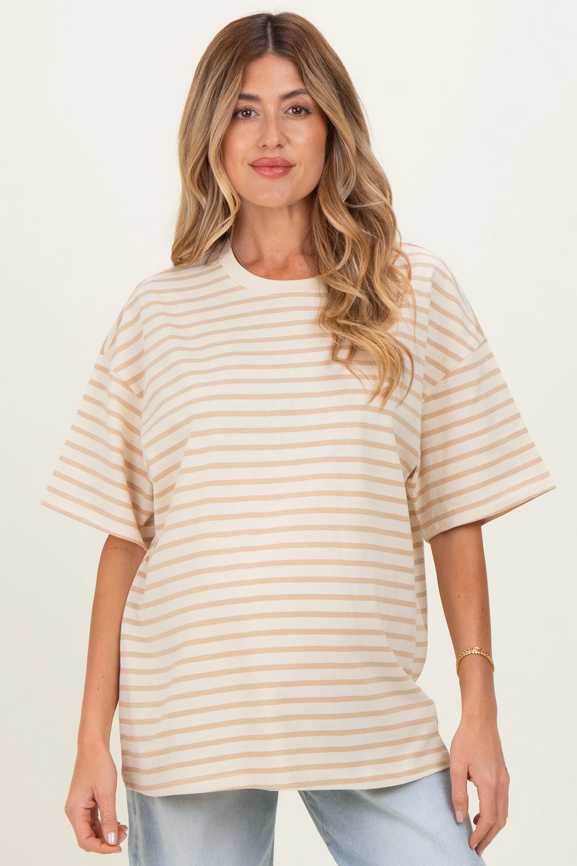 Taupe Striped Short Sleeve Crew Neck Oversized Cotton Maternity Top sold by Pinkblush