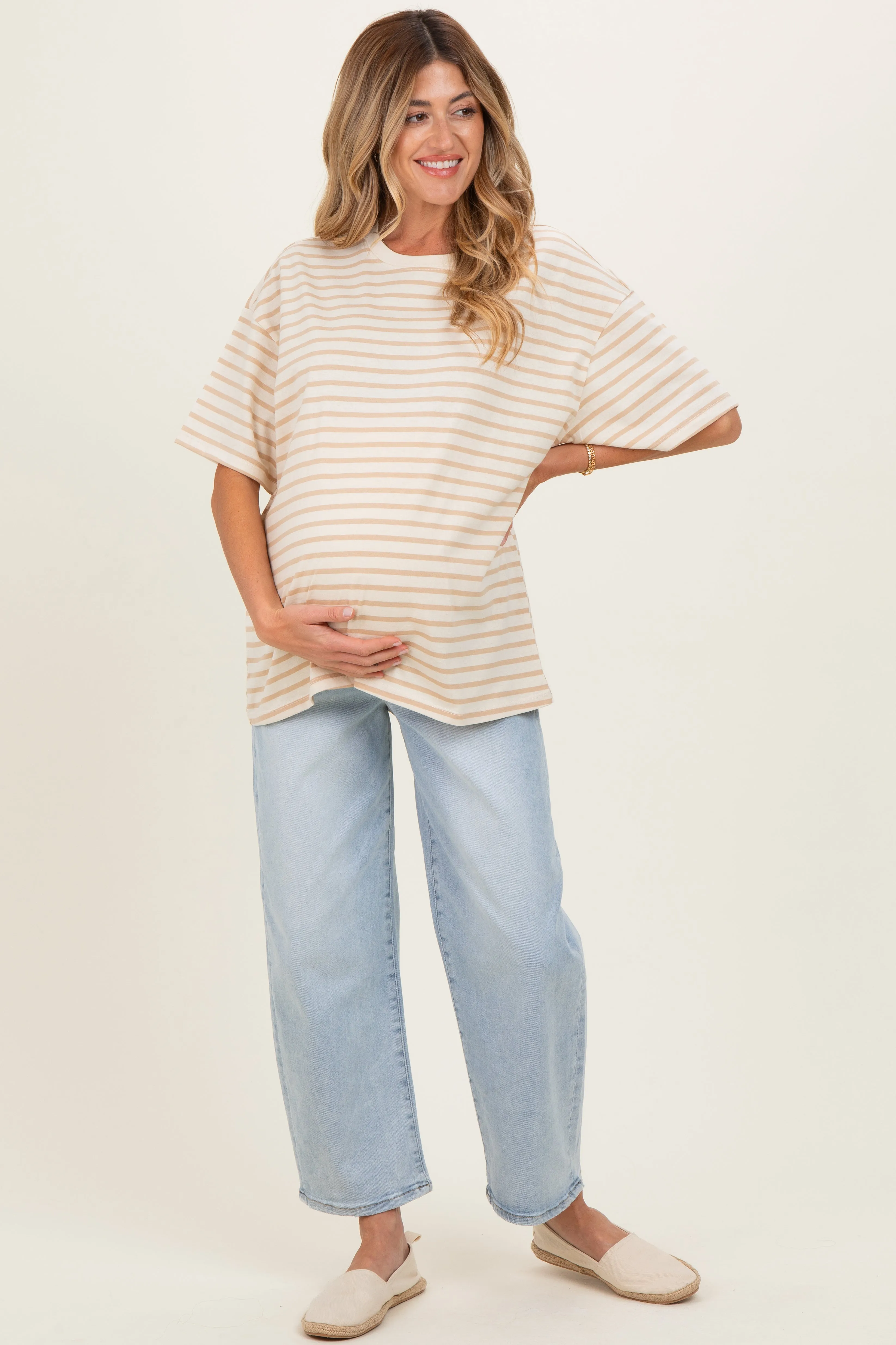 Taupe Striped Short Sleeve Crew Neck Oversized Cotton Maternity Top sold by Pinkblush product image thumbnail 2