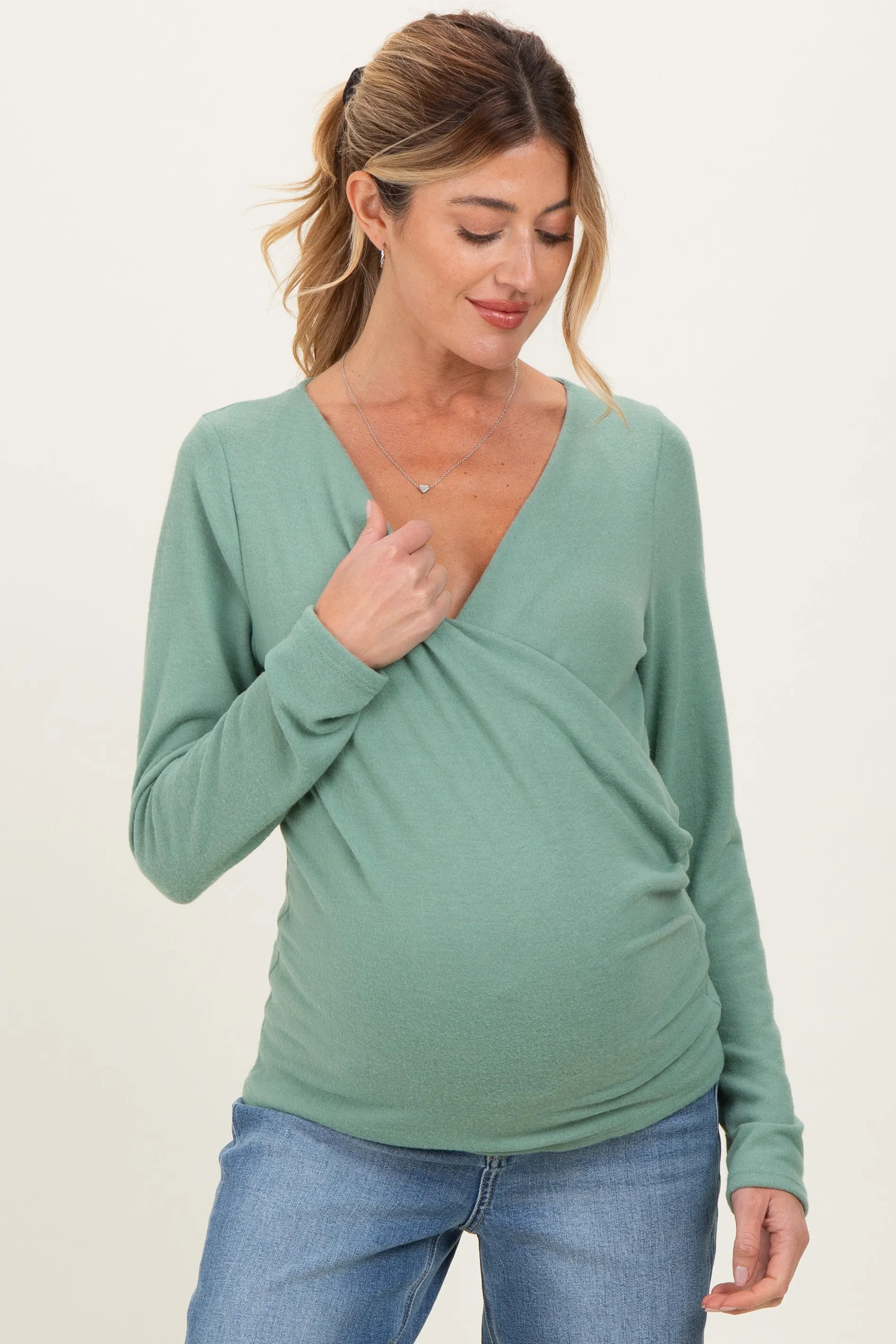 Green Brushed Knit Wrap Front Maternity Top sold by Pinkblush