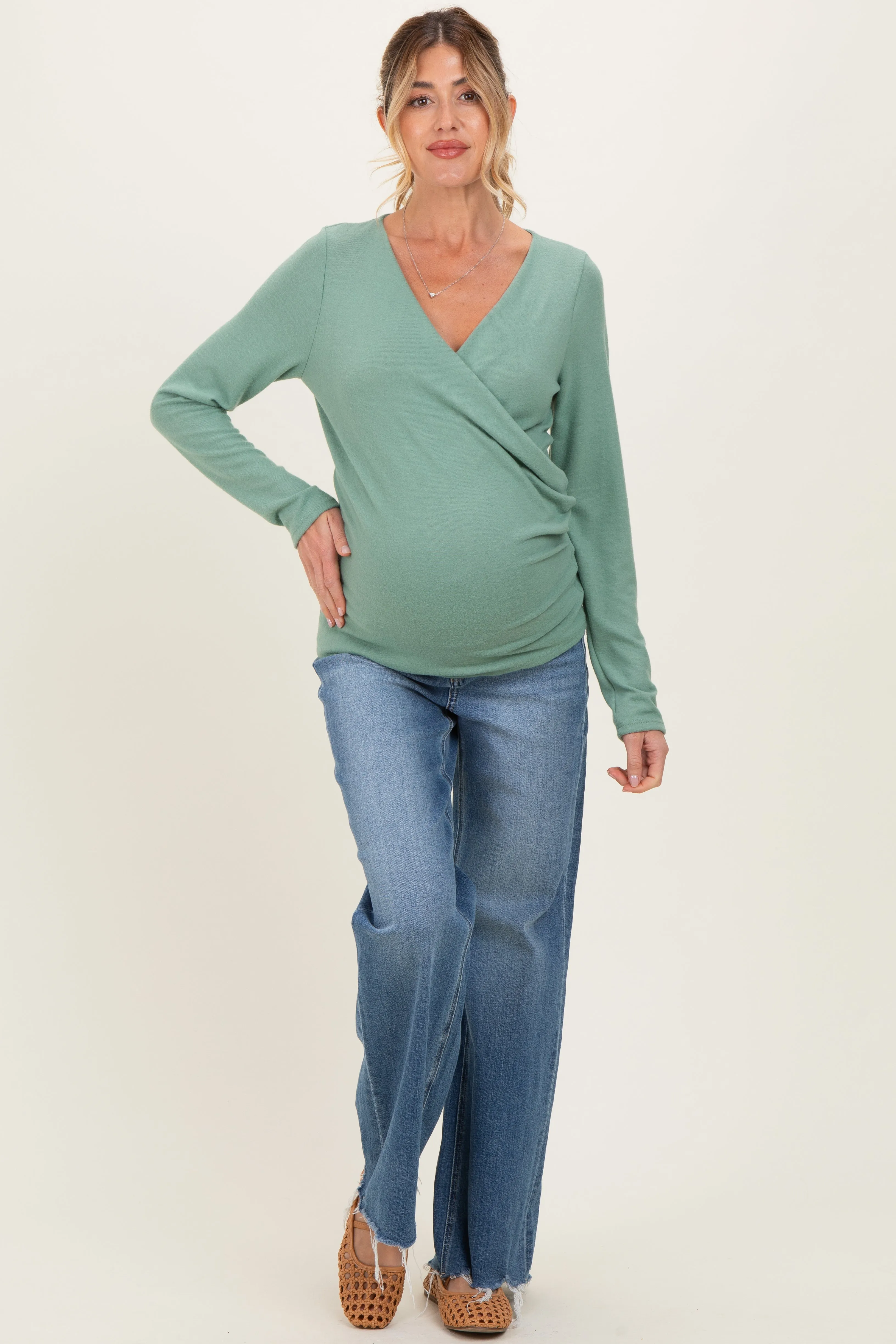 Green Brushed Knit Wrap Front Maternity Top sold by Pinkblush product image thumbnail 2