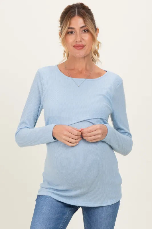 Light Blue Ribbed Crossover Maternity/Nursing Top made by Pinkblush