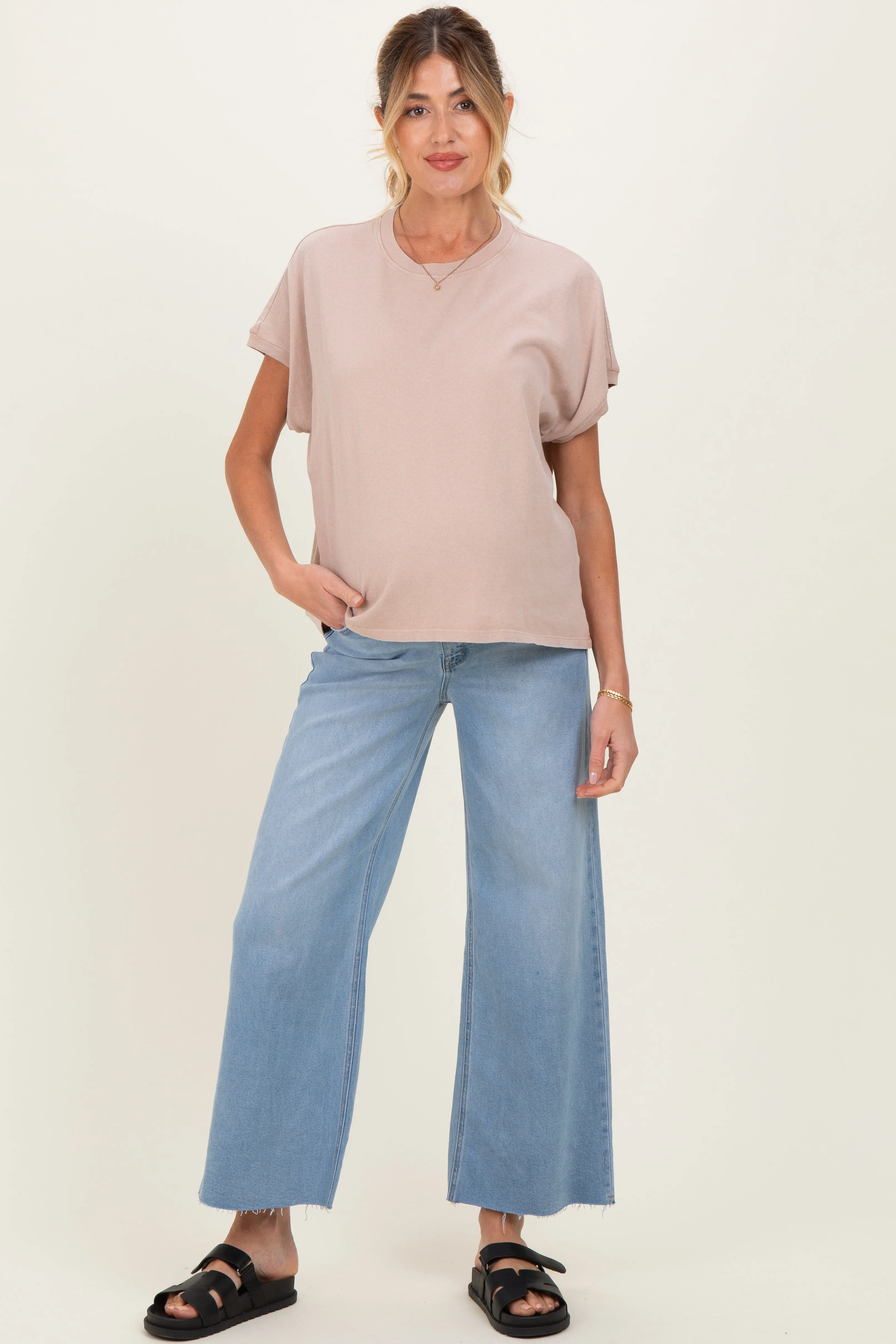 Light Blue Raw Hem Ankle Wide Leg Maternity Jeans sold by Pinkblush