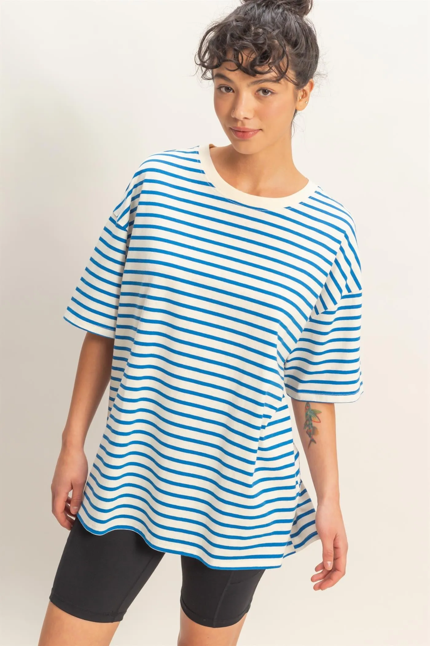 Blue Striped Short Sleeve Crew Neck Oversized Cotton Maternity Top sold by Pinkblush product image thumbnail 4
