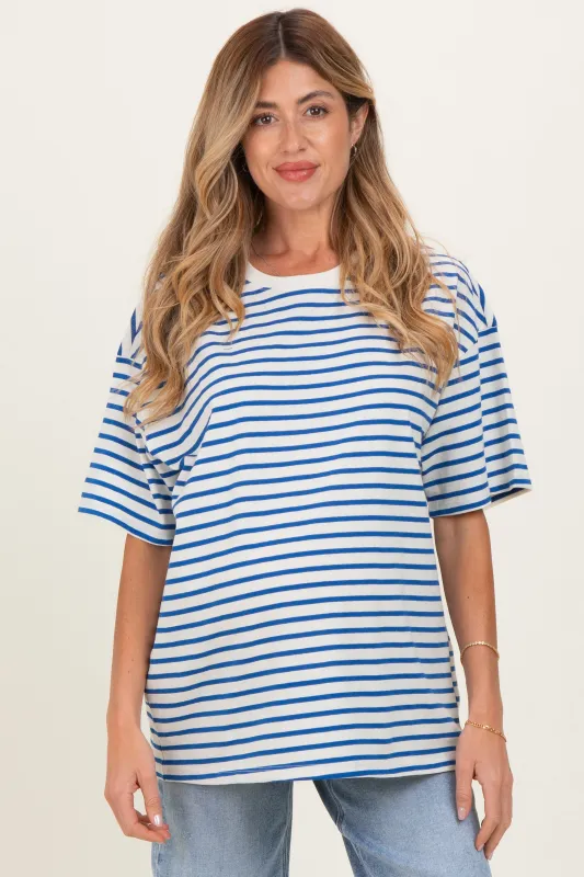 Blue Striped Short Sleeve Crew Neck Oversized Cotton Maternity Top made by HYFVE