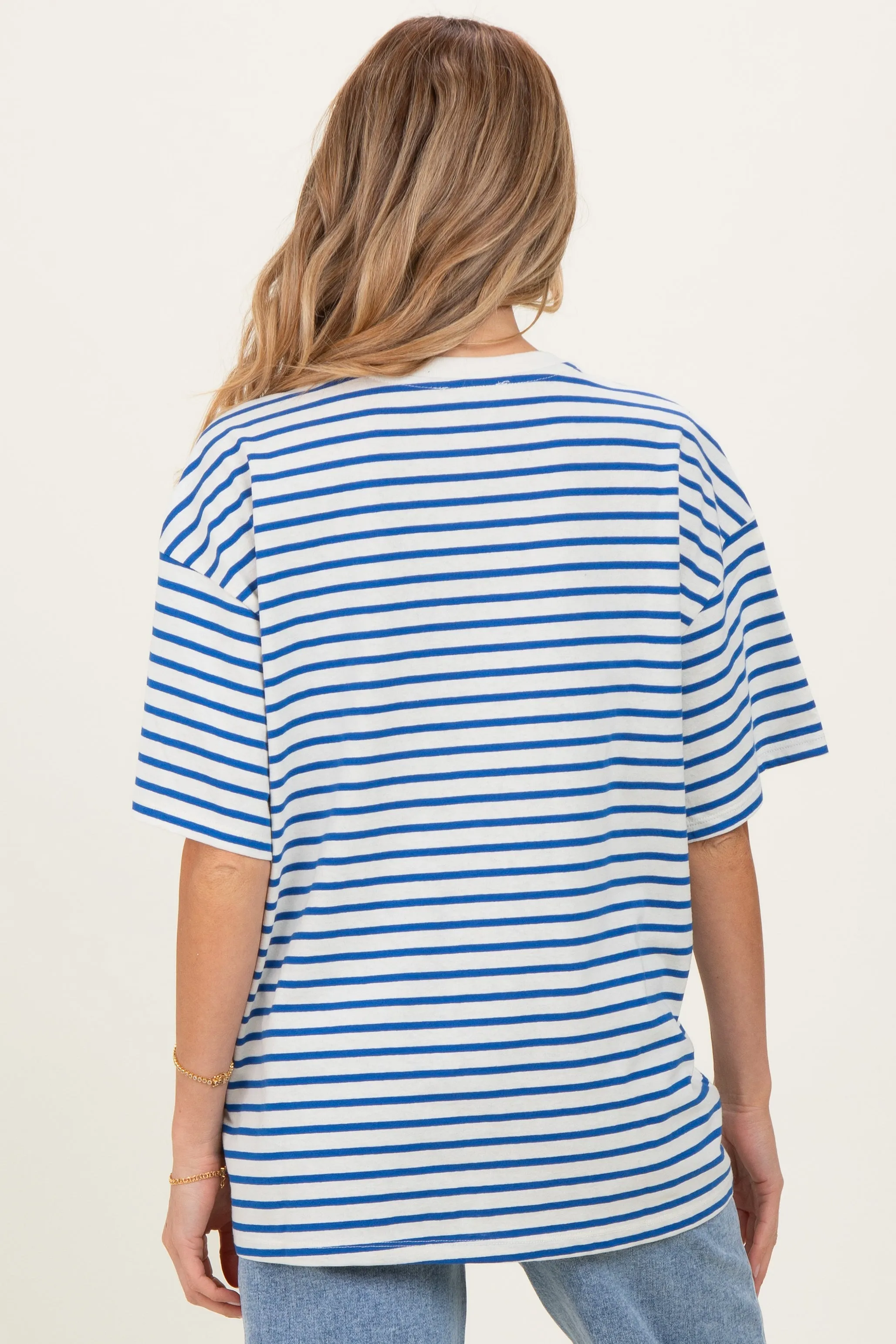 Blue Striped Short Sleeve Crew Neck Oversized Cotton Maternity Top sold by Pinkblush product image thumbnail 3