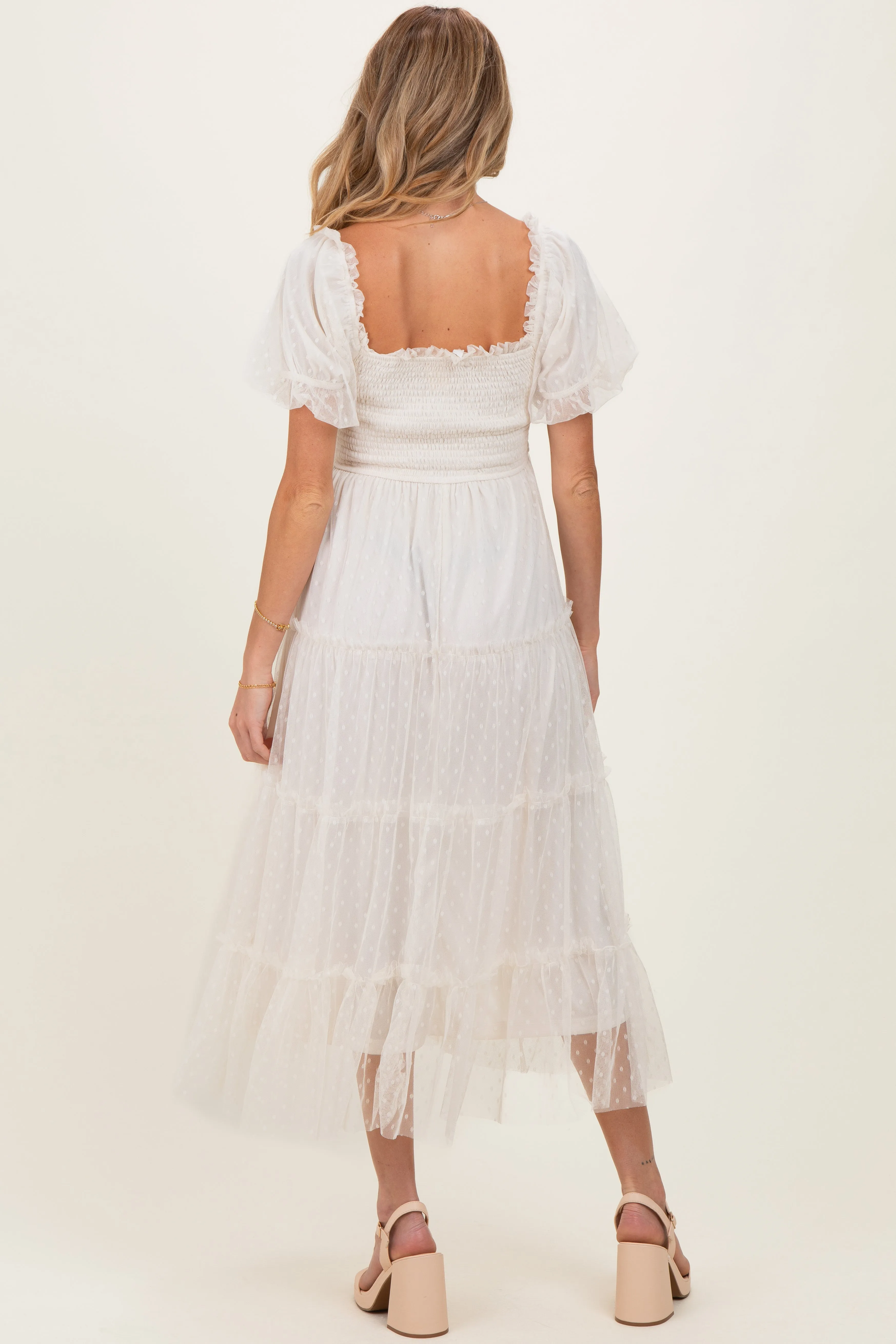 CreamTulle Puff Sleeve Smocked Maternity Midi Dress sold by Pinkblush product image thumbnail 3