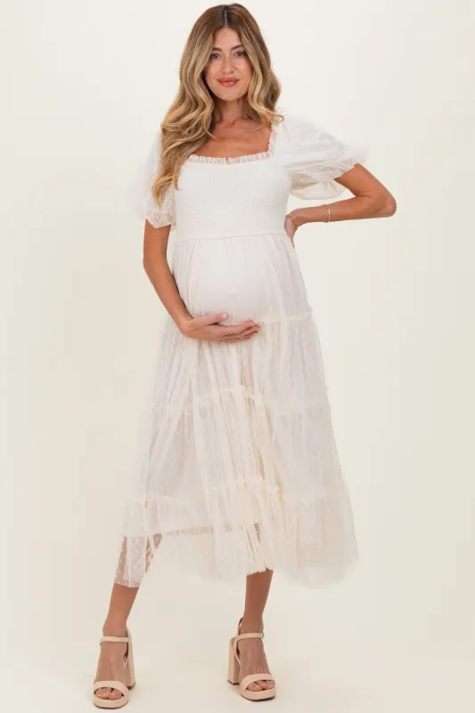 CreamTulle Puff Sleeve Smocked Maternity Midi Dress made by Pinkblush