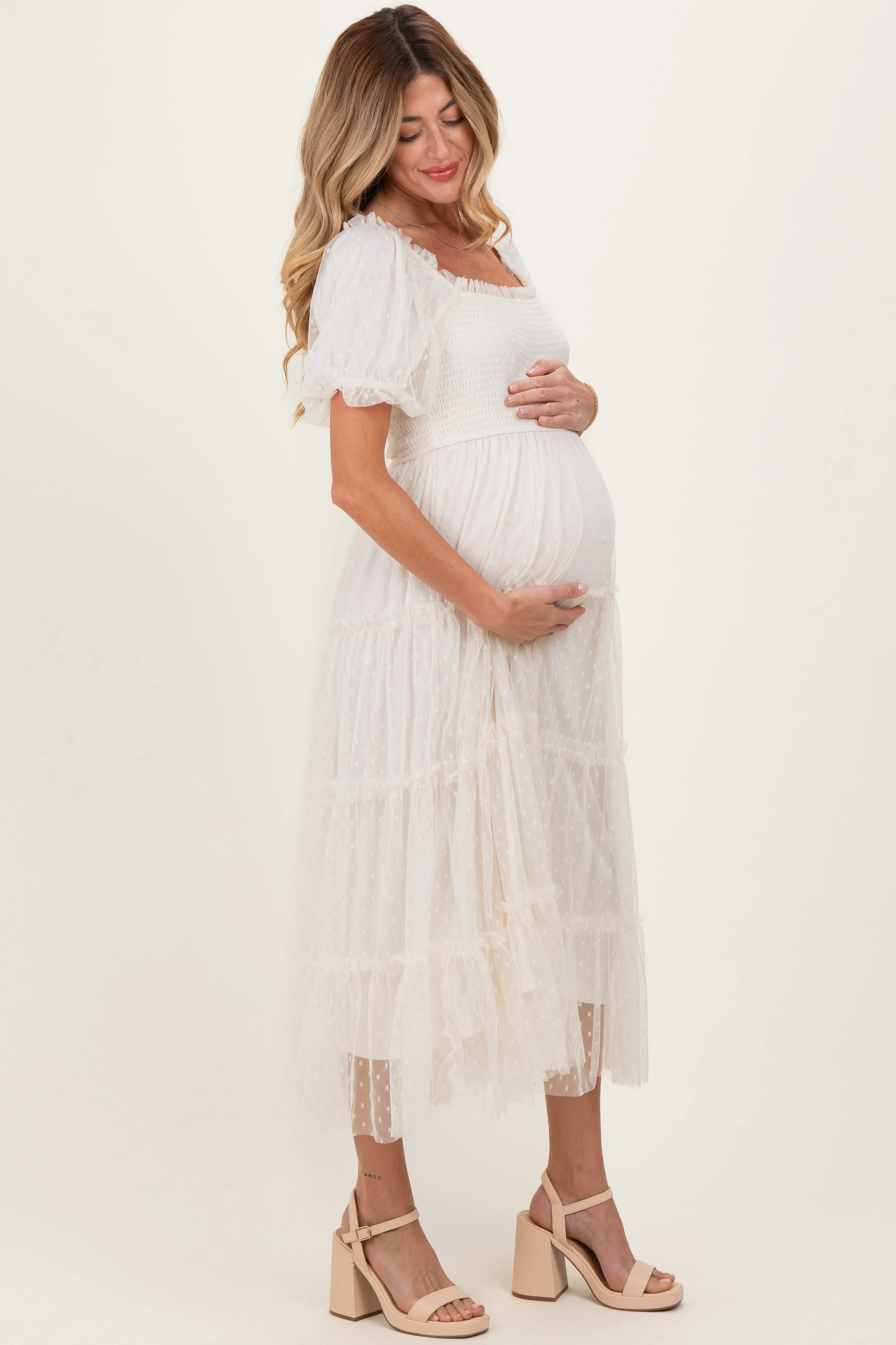 CreamTulle Puff Sleeve Smocked Maternity Midi Dress sold by Pinkblush product image thumbnail 2