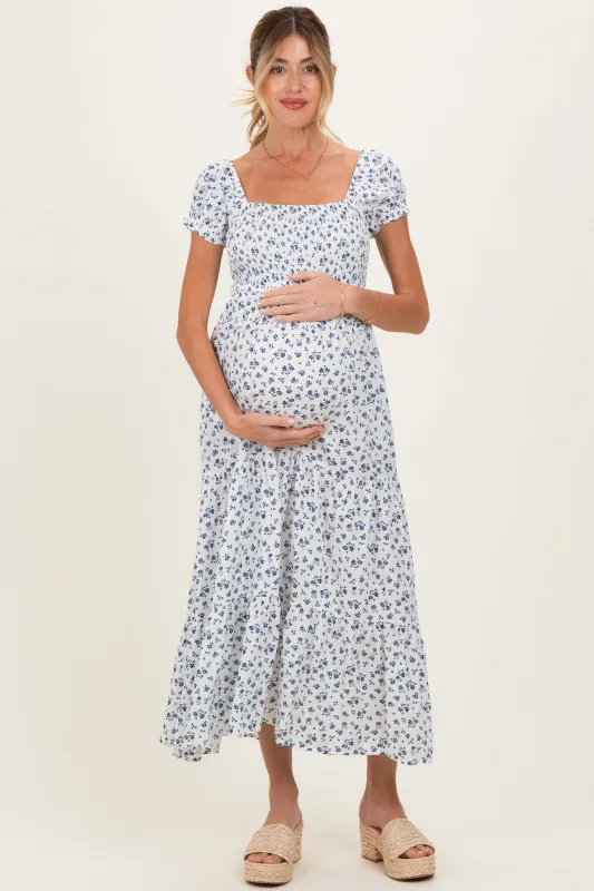 White Floral Smocked Puff Sleeve Maternity Maxi Dress made by Pinkblush