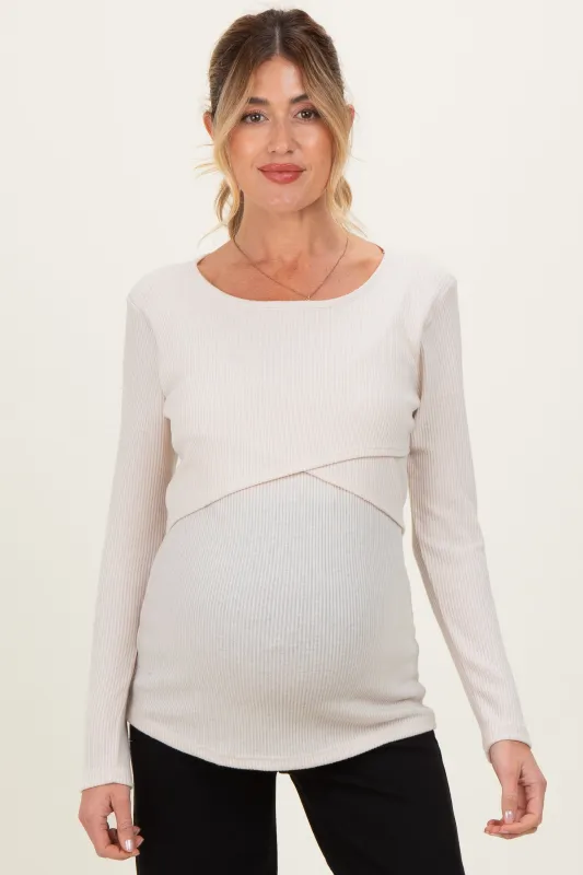 Cream Ribbed Crossover Maternity/Nursing Top made by Pinkblush