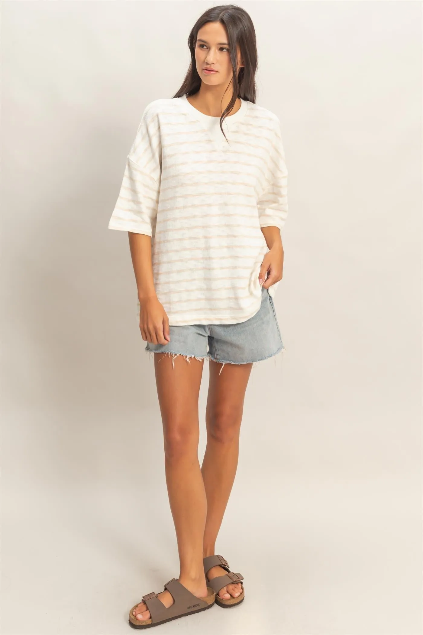 Beige Oversized Striped Short Sleeve Top sold by Pinkblush product image thumbnail 5
