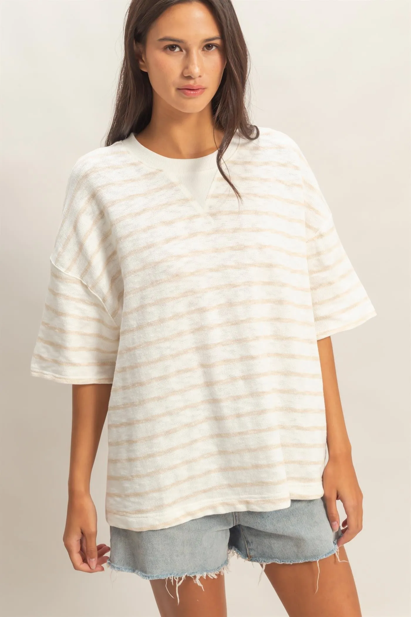 Beige Oversized Striped Short Sleeve Top sold by Pinkblush product image thumbnail 2
