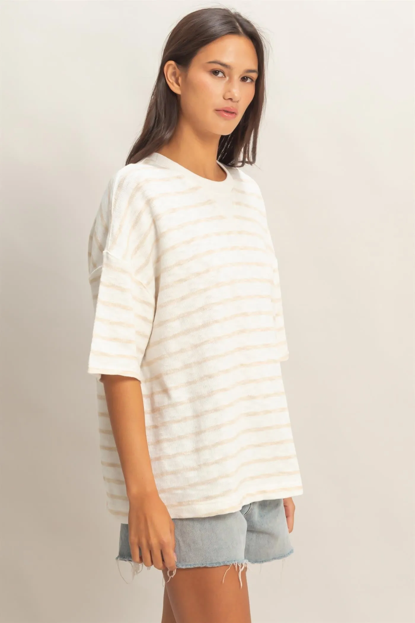 Beige Oversized Striped Short Sleeve Top sold by Pinkblush product image thumbnail 3