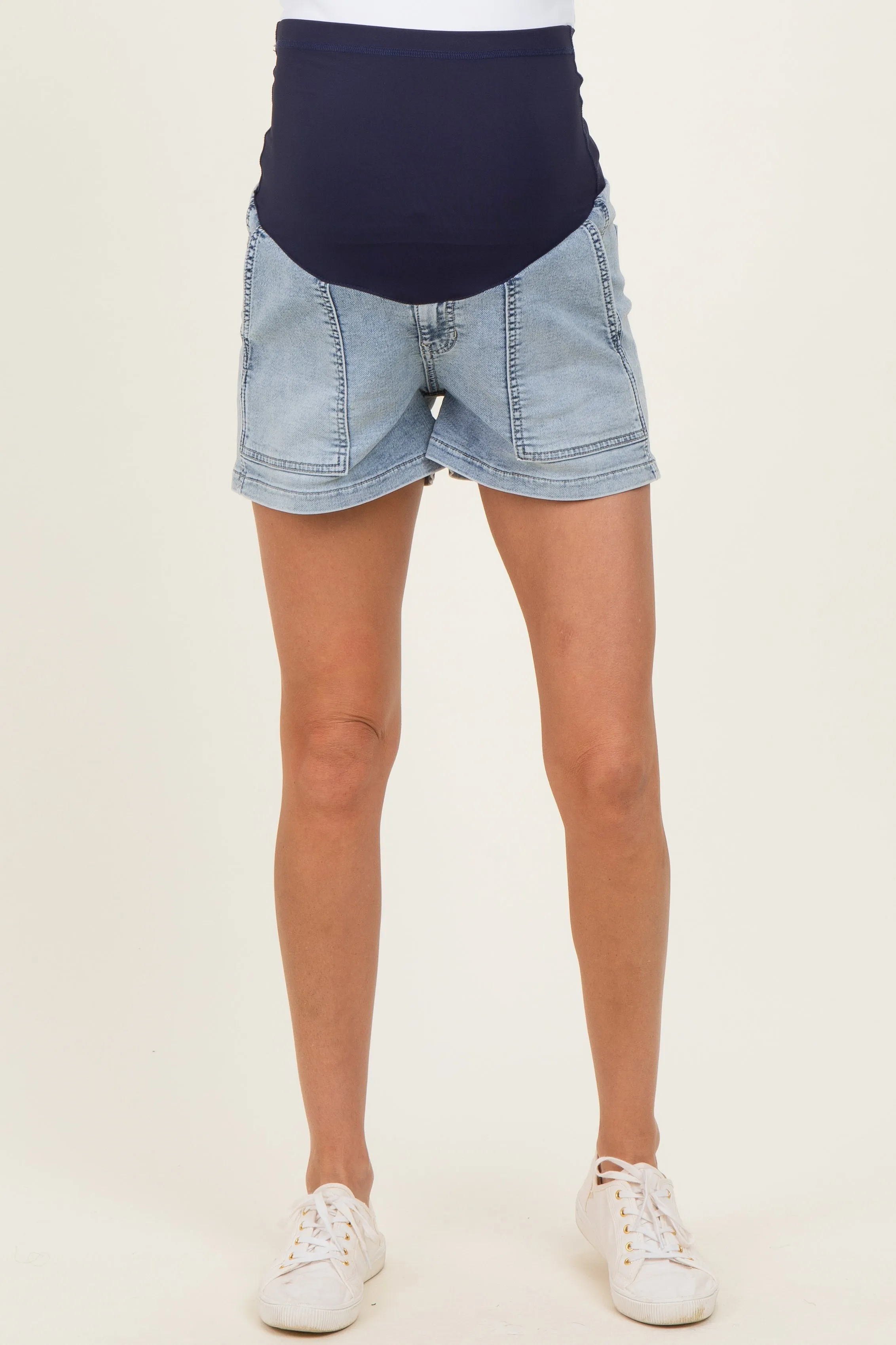 Light Denim Pull On Patch Pocket Maternity Denim Shorts sold by Pinkblush product image thumbnail 4