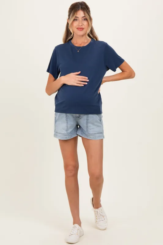 Light Denim Pull On Patch Pocket Maternity Denim Shorts made by Pinkblush