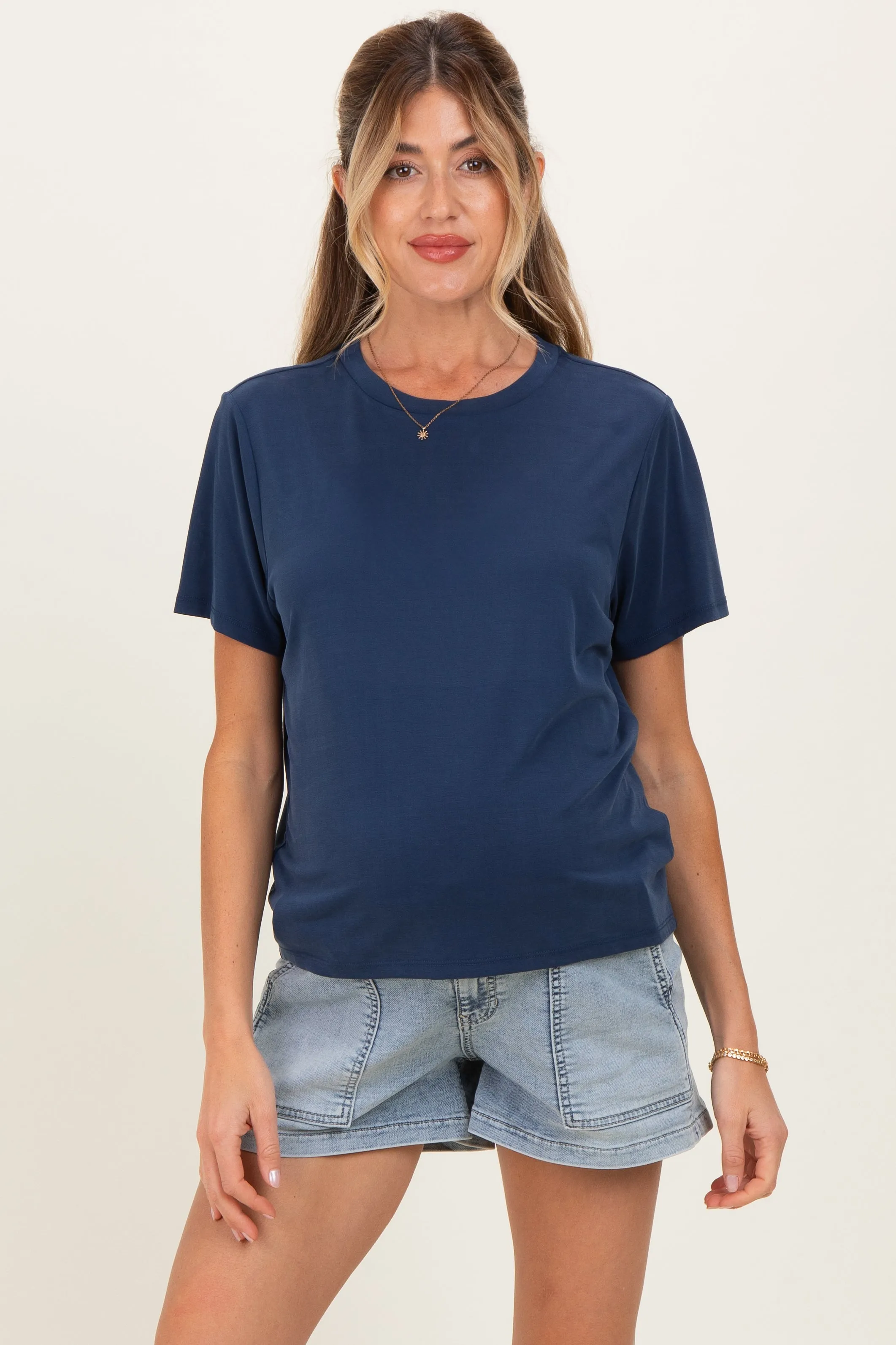 Light Denim Pull On Patch Pocket Maternity Denim Shorts sold by Pinkblush product image thumbnail 2