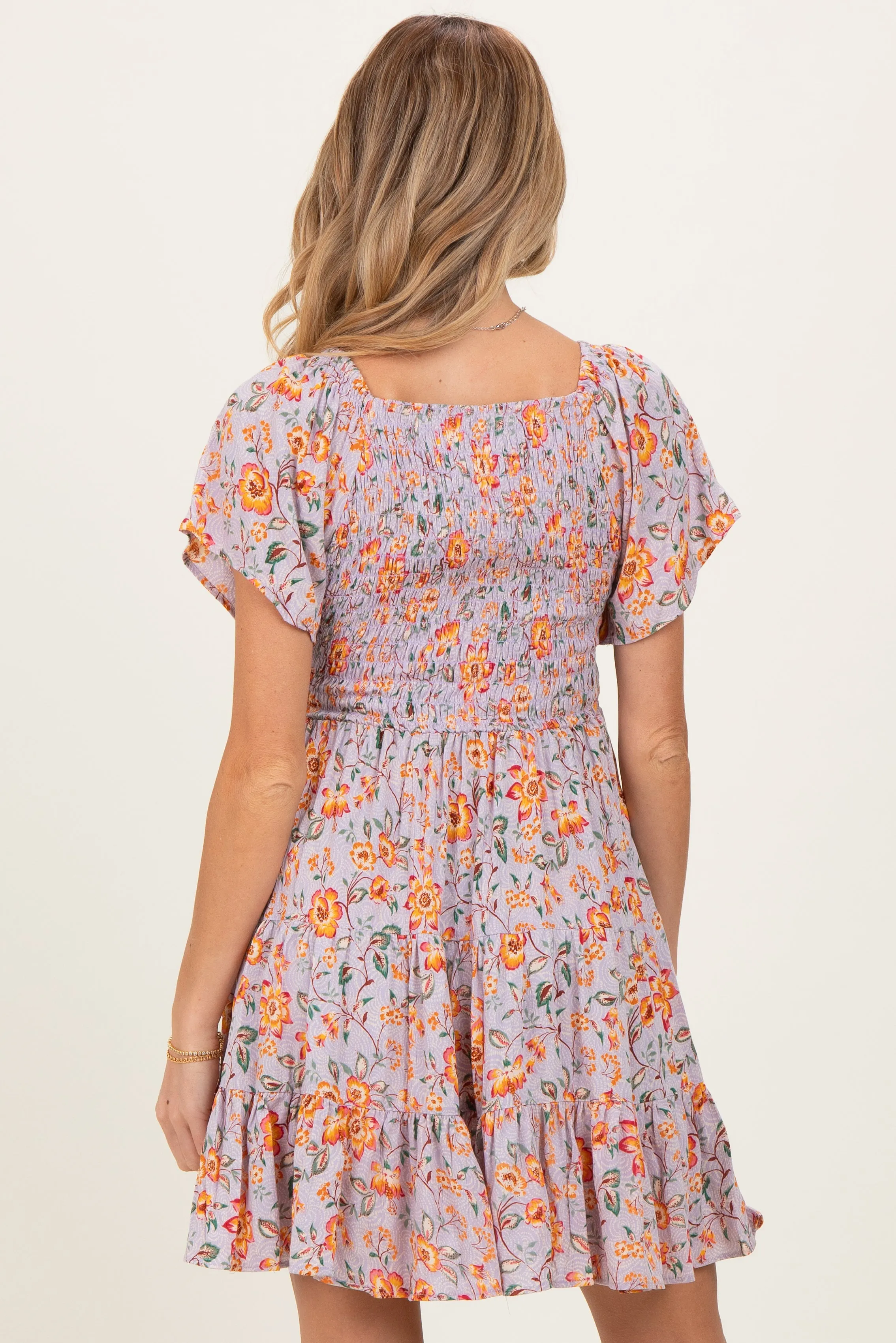 Lavender V Neck Smocked Bodice Floral Print Maternity Dress sold by Pinkblush product image thumbnail 4