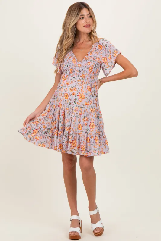 Lavender V Neck Smocked Bodice Floral Print Maternity Dress made by Angie