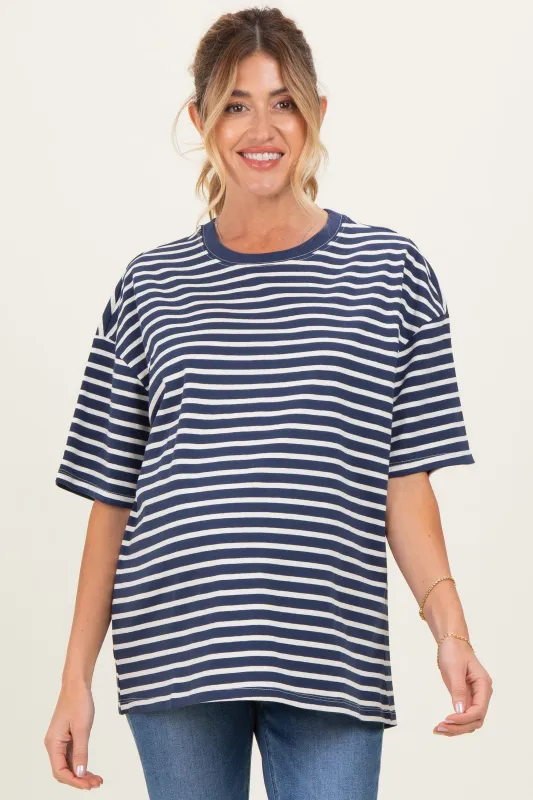 Navy Striped Short Sleeve Crew Neck Oversized Cotton Maternity Top made by HYFVE
