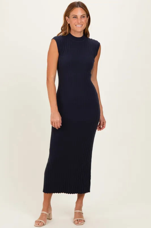 Navy Ribbed Knit Mock Neck Maxi Dress made by Able