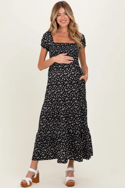 Black Floral Smocked Puff Sleeve Maternity Maxi Dress made by Pinkblush