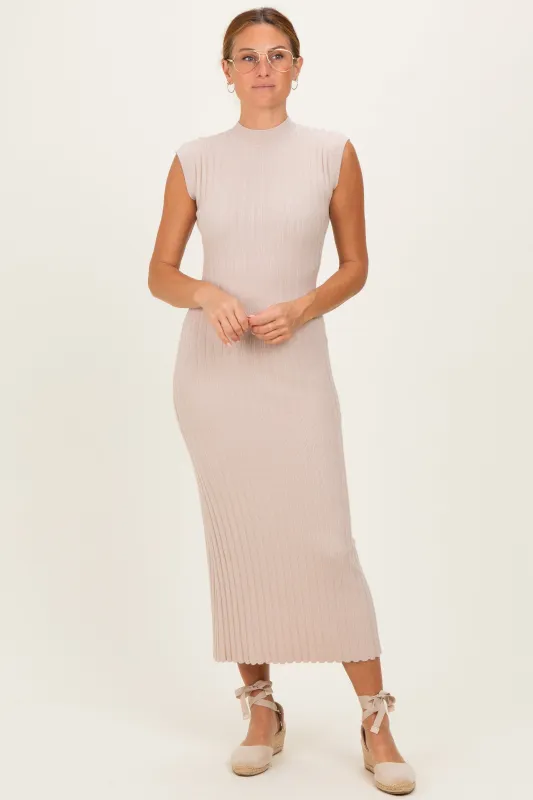 Sand Ribbed Knit Mock Neck Maxi Dress made by Able