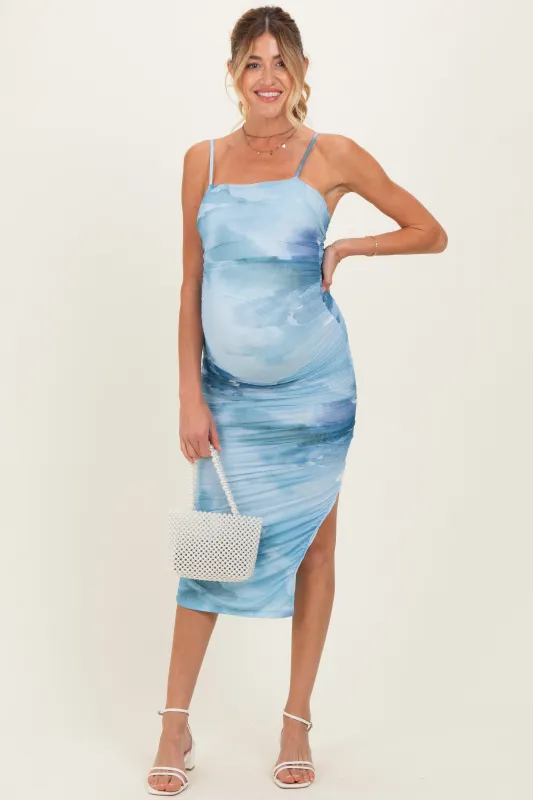 Blue Printed Ruched Fitted Maternity Midi Dress sold by Pinkblush