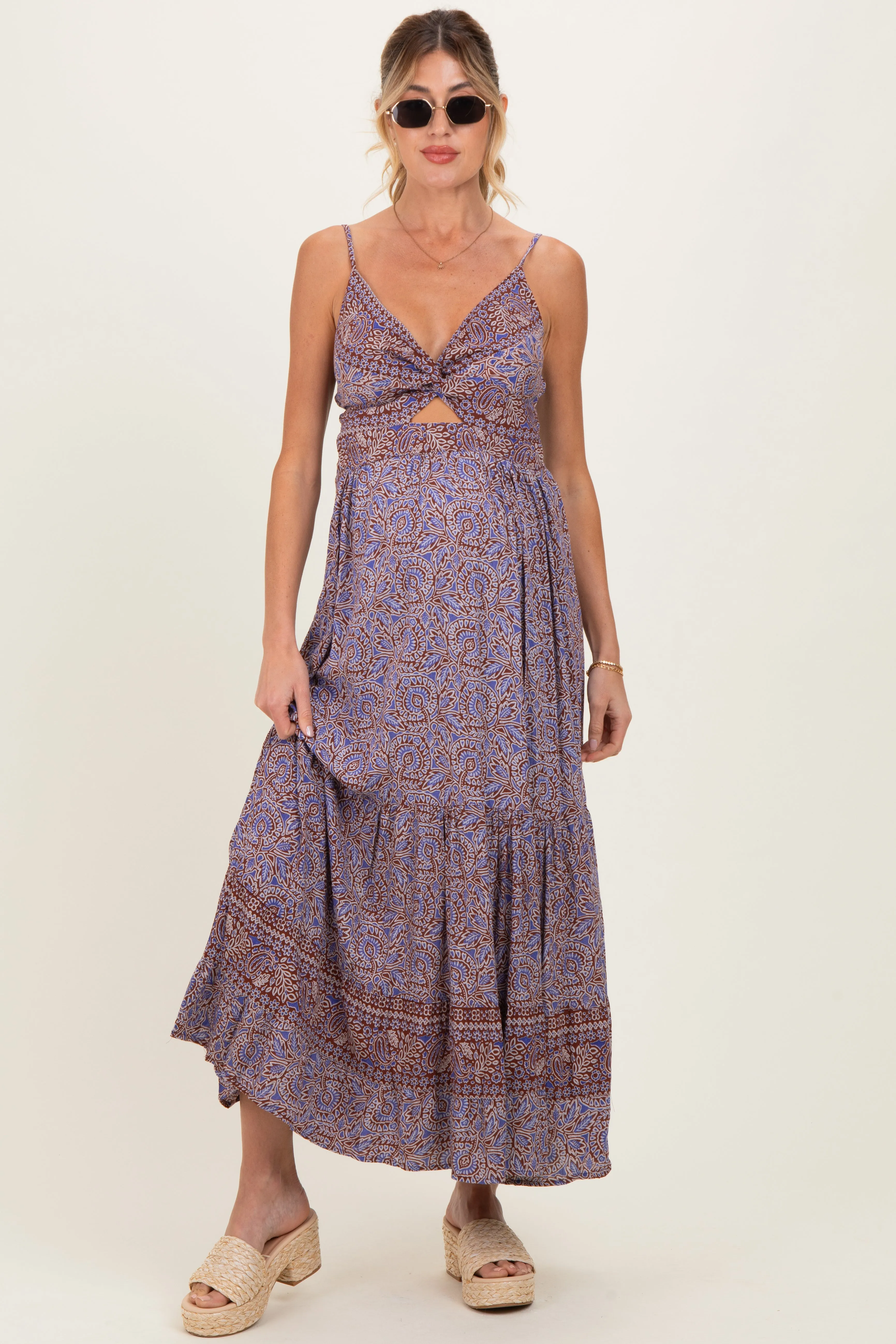 Charcoal Printed Twisted Front Maternity Maxi Dress sold by Pinkblush