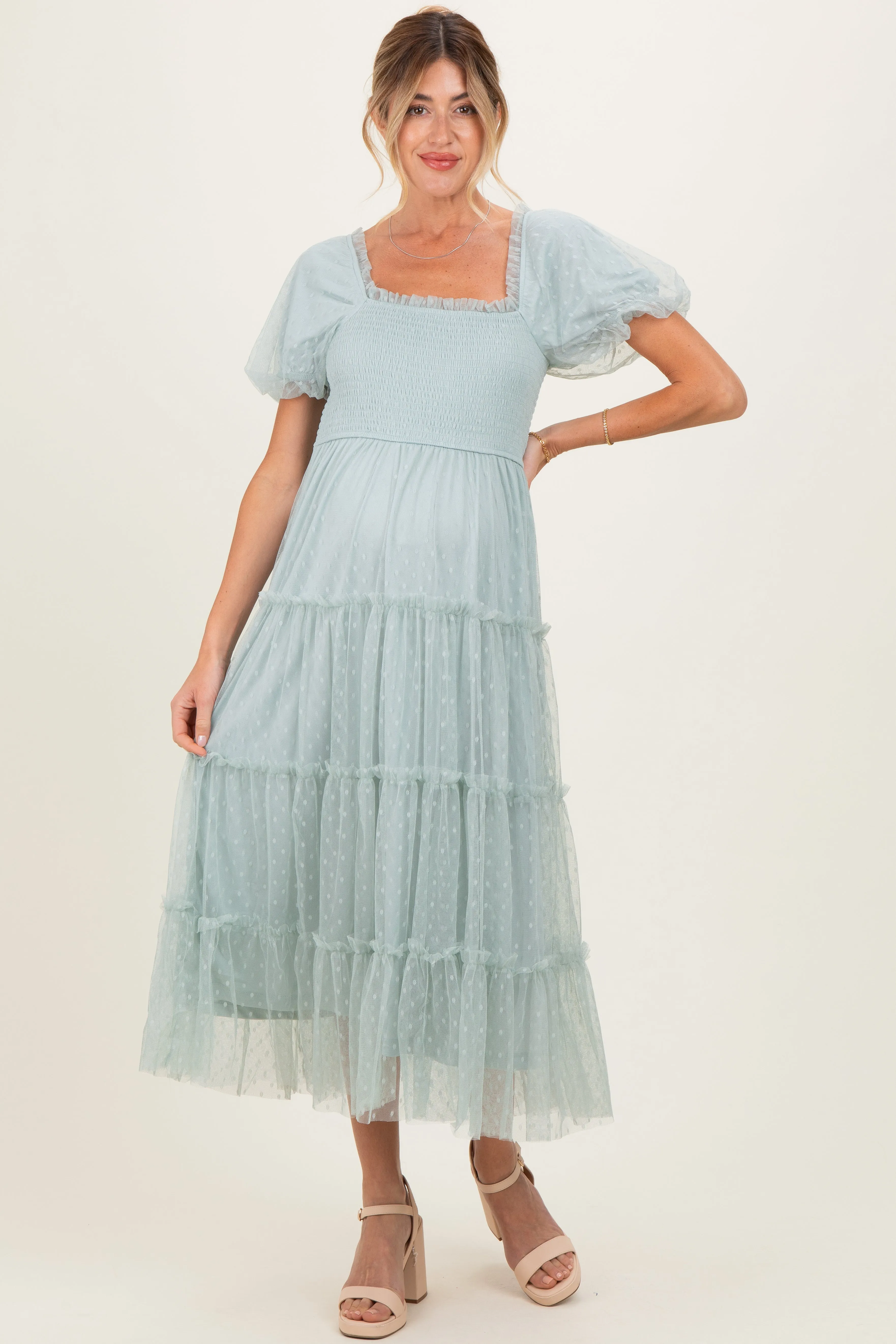 Sage Tulle Puff Sleeve Smocked Maternity Midi Dress sold by Pinkblush product image thumbnail 2