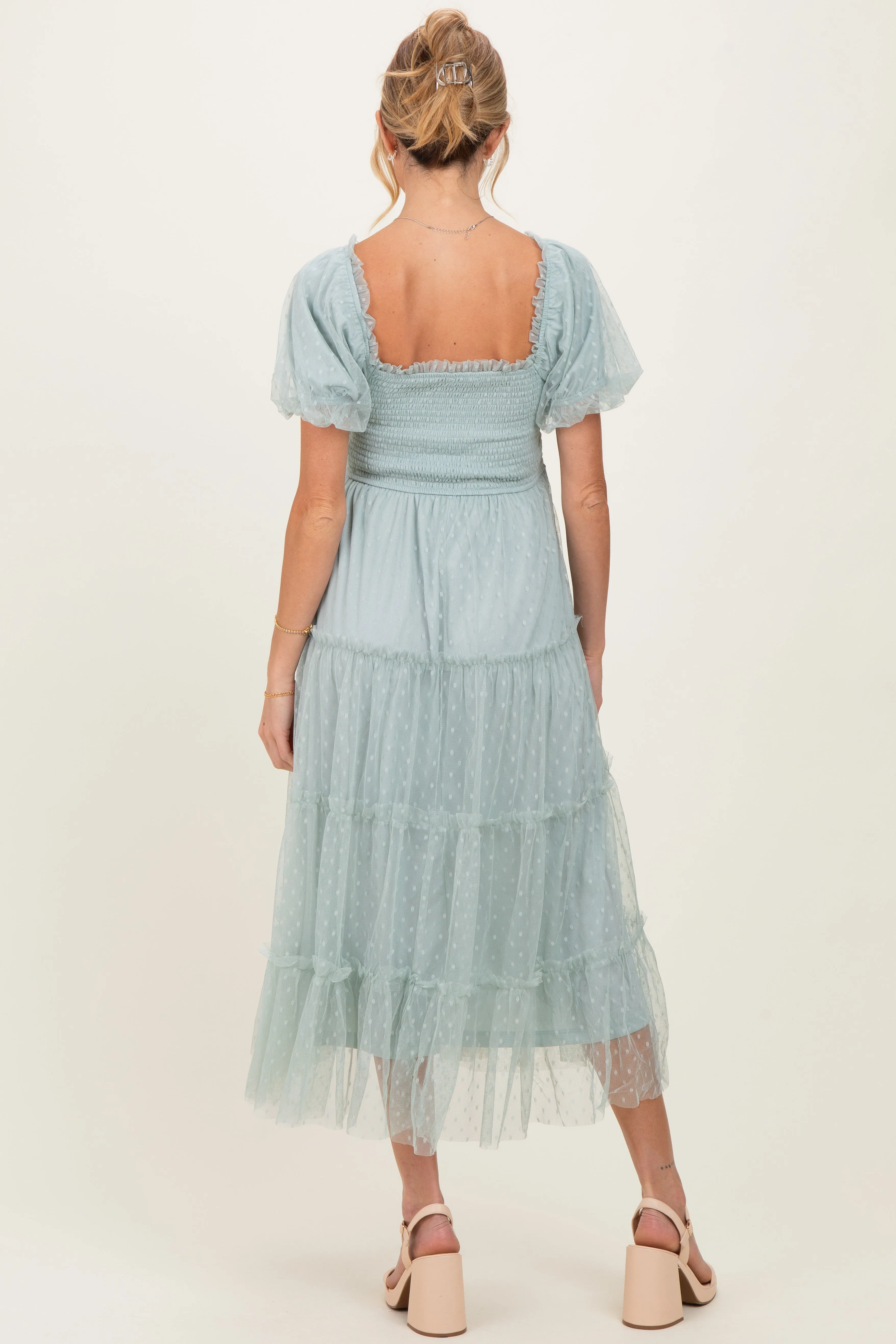 Sage Tulle Puff Sleeve Smocked Maternity Midi Dress sold by Pinkblush product image thumbnail 3