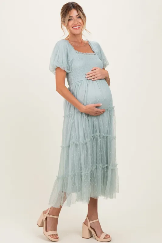 Sage Tulle Puff Sleeve Smocked Maternity Midi Dress made by Pinkblush