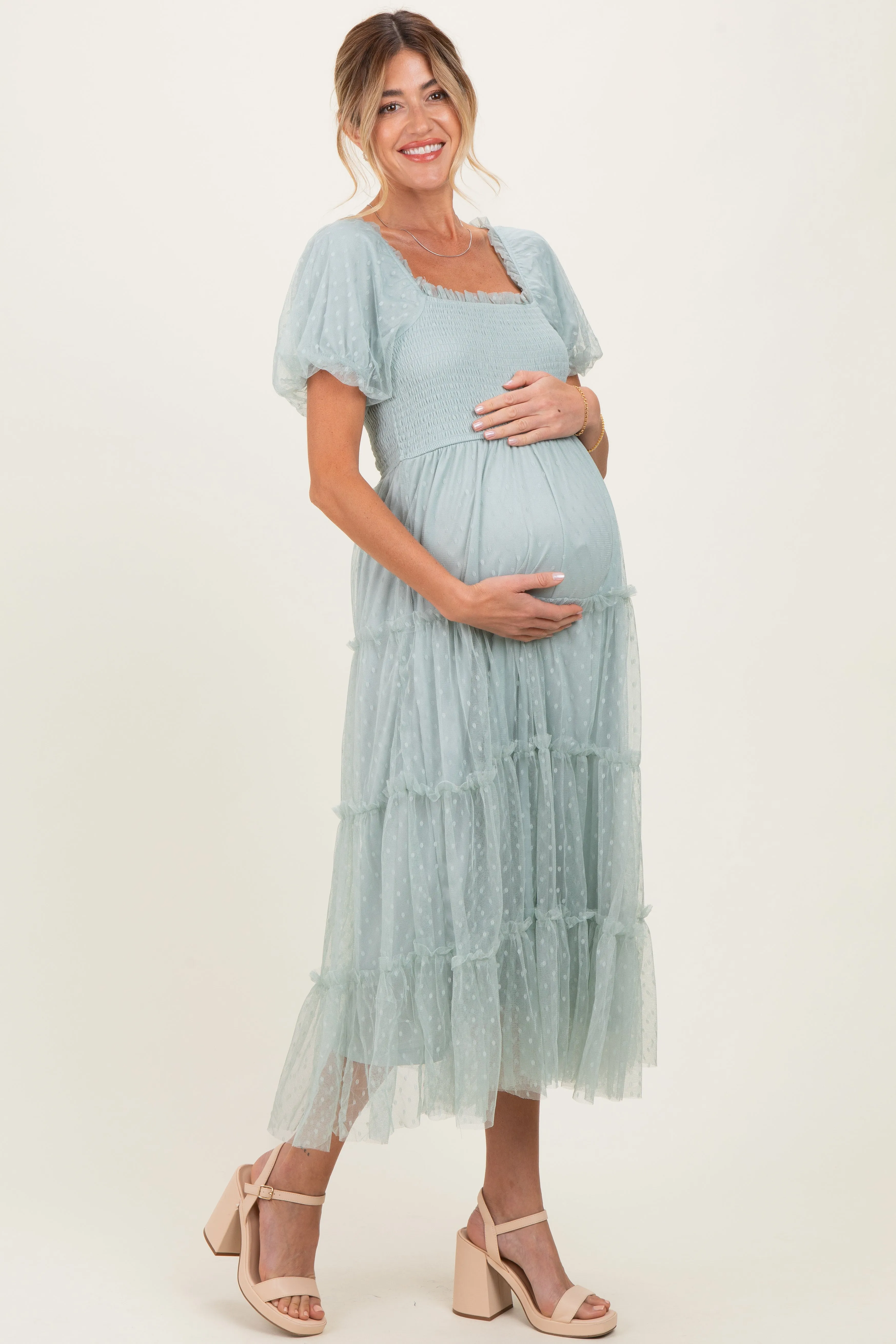 Sage Tulle Puff Sleeve Smocked Maternity Midi Dress sold by Pinkblush