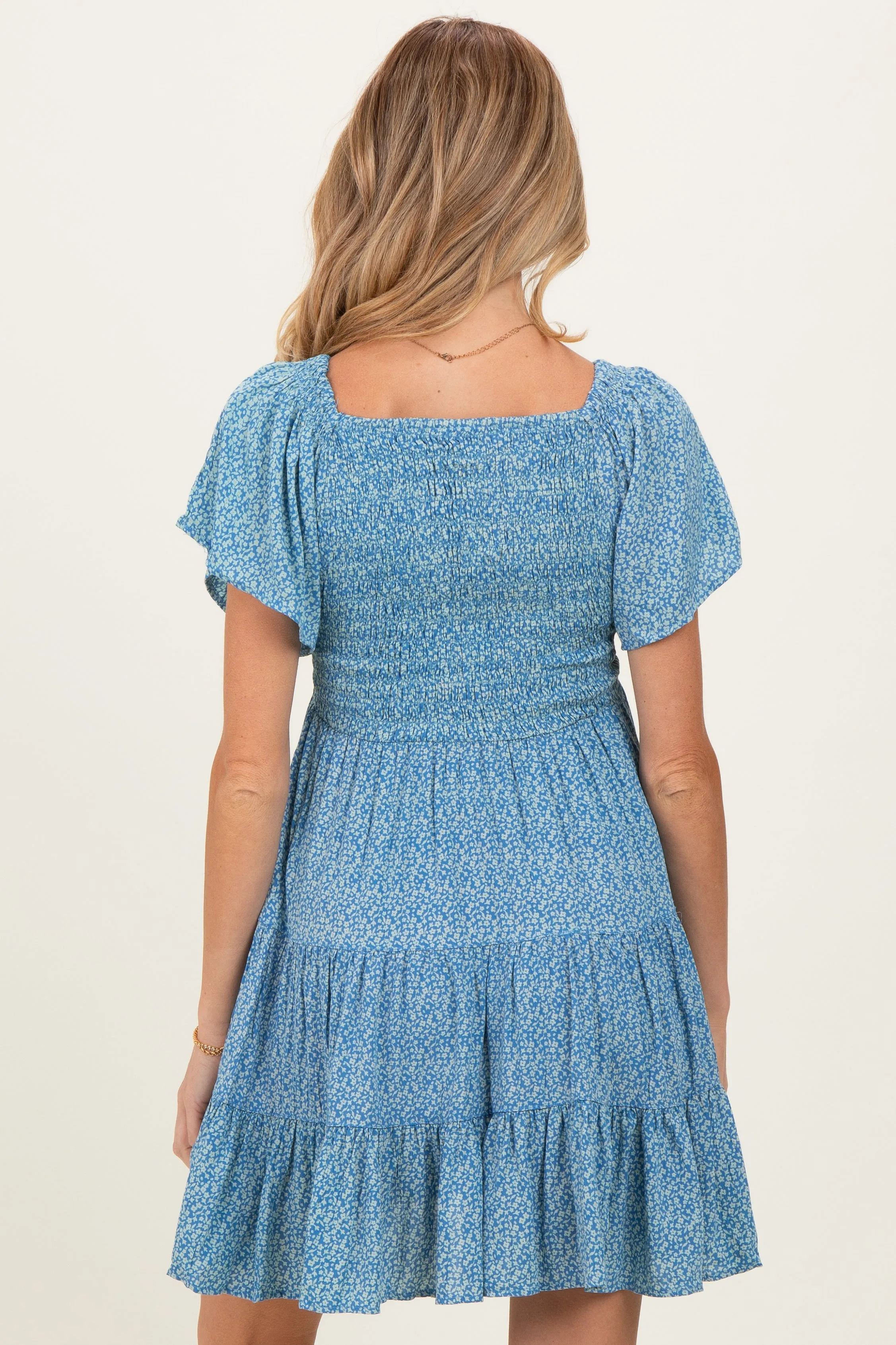 Blue V Neck Smocked Bust Short Sleeve Short Maternity Dress sold by Pinkblush product image thumbnail 4