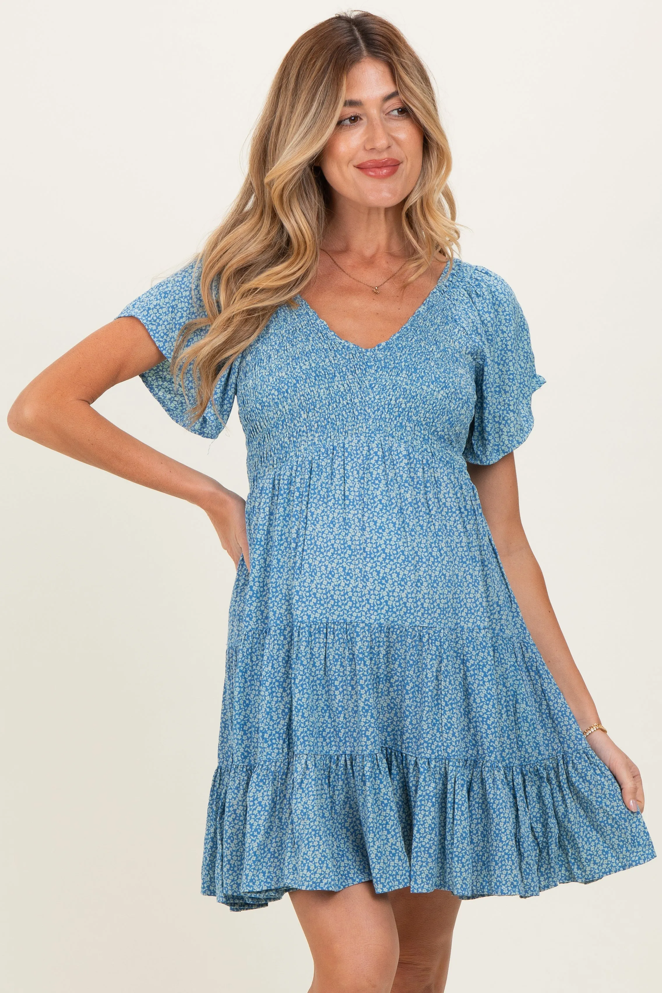 Blue V Neck Smocked Bust Short Sleeve Short Maternity Dress sold by Pinkblush product image thumbnail 2