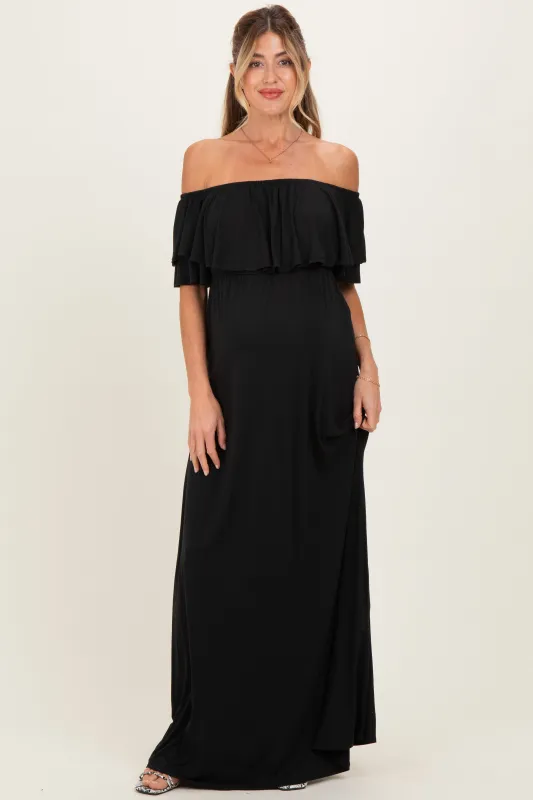 Black Ruffle Off Shoulder Maternity Maxi Dress made by Pinkblush