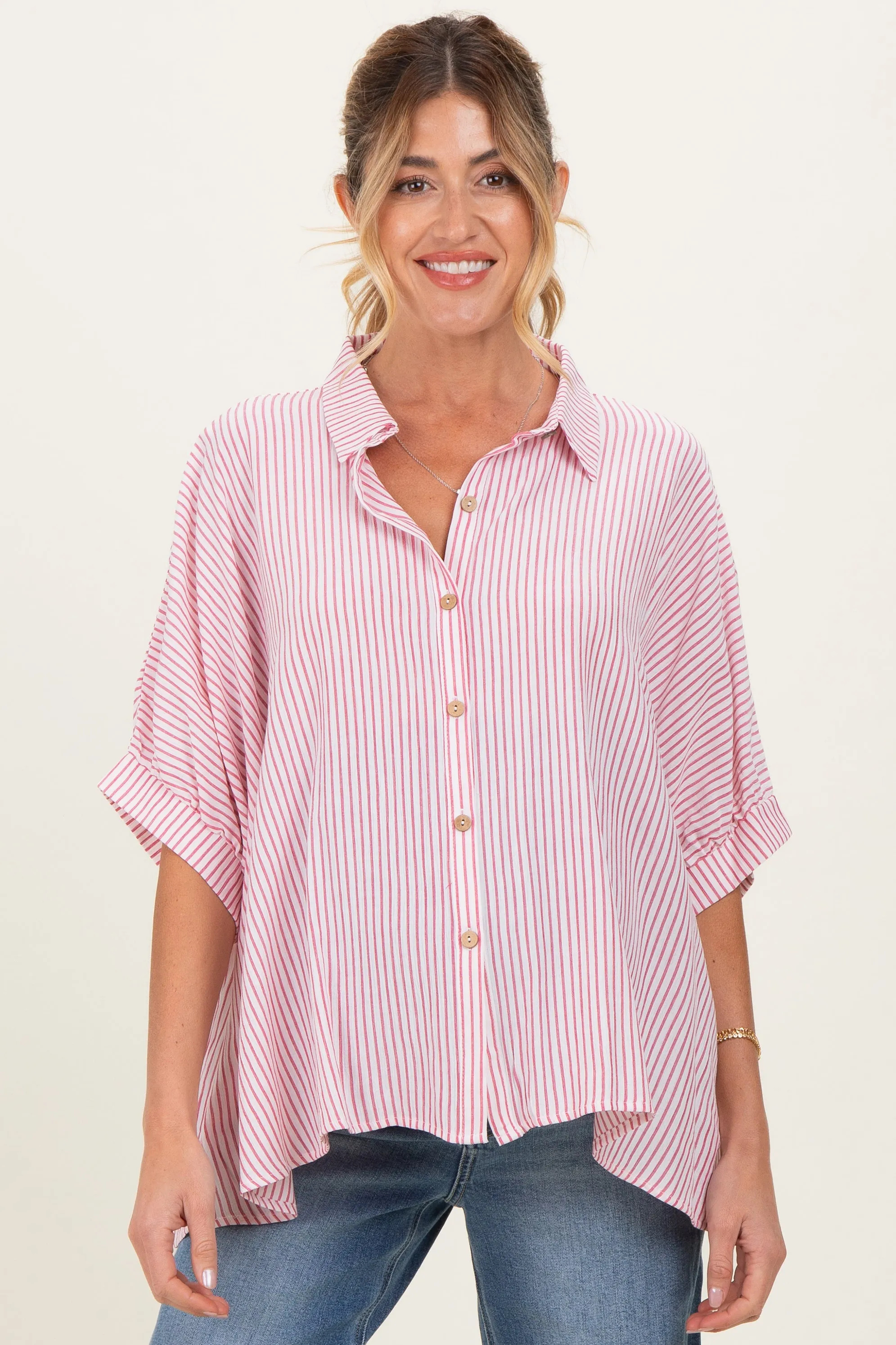 Red Striped Boxy Button Down Maternity Top sold by Pinkblush
