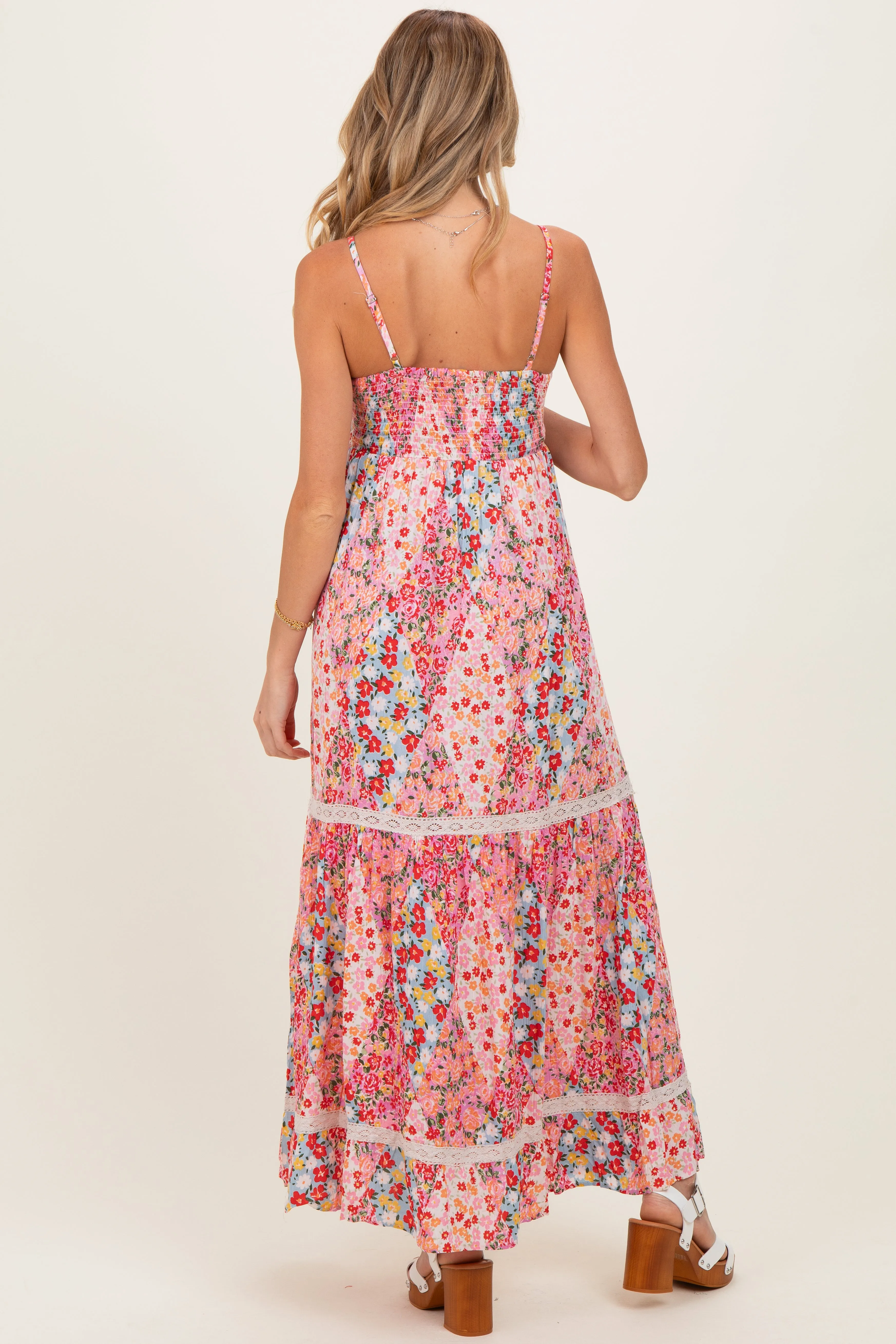Pink Smocked Bust V Neck Lace Trim Maternity Maxi Dress sold by Pinkblush product image thumbnail 4