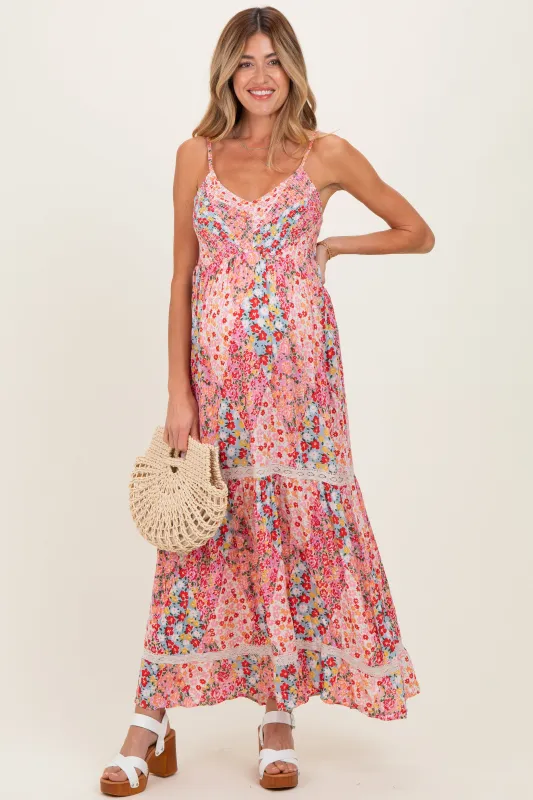 Pink Smocked Bust V Neck Lace Trim Maternity Maxi Dress made by Angie