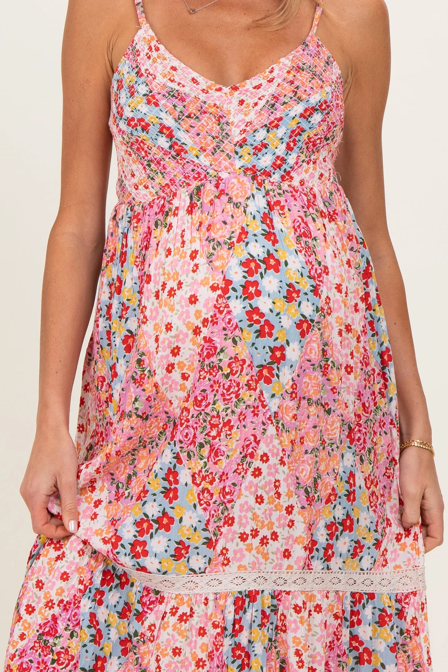 Pink Smocked Bust V Neck Lace Trim Maternity Maxi Dress sold by Pinkblush product image thumbnail 2