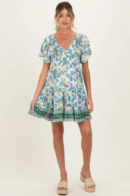 Ivory V Neck Smocked Bodice Short Sleeve Maternity Dress made by Angie