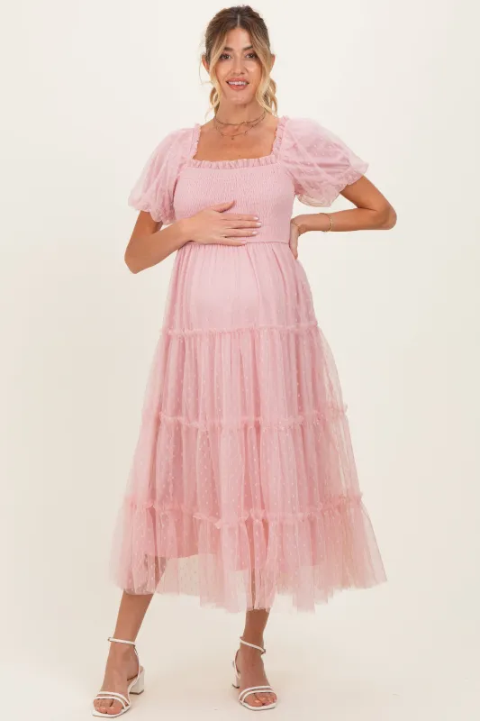 Light Pink Tulle Puff Sleeve Smocked Maternity Midi Dress made by Pinkblush