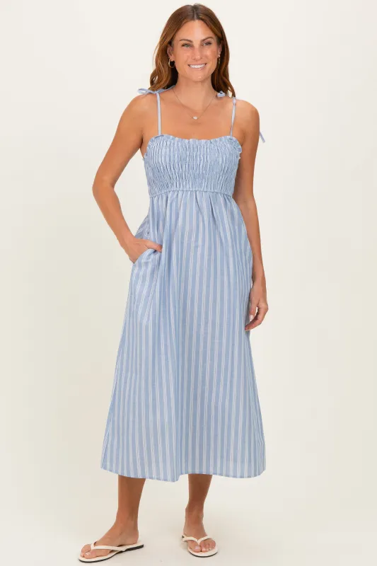 Blue Striped Smocked Shoulder Tie Midi Dress made by Wishlist