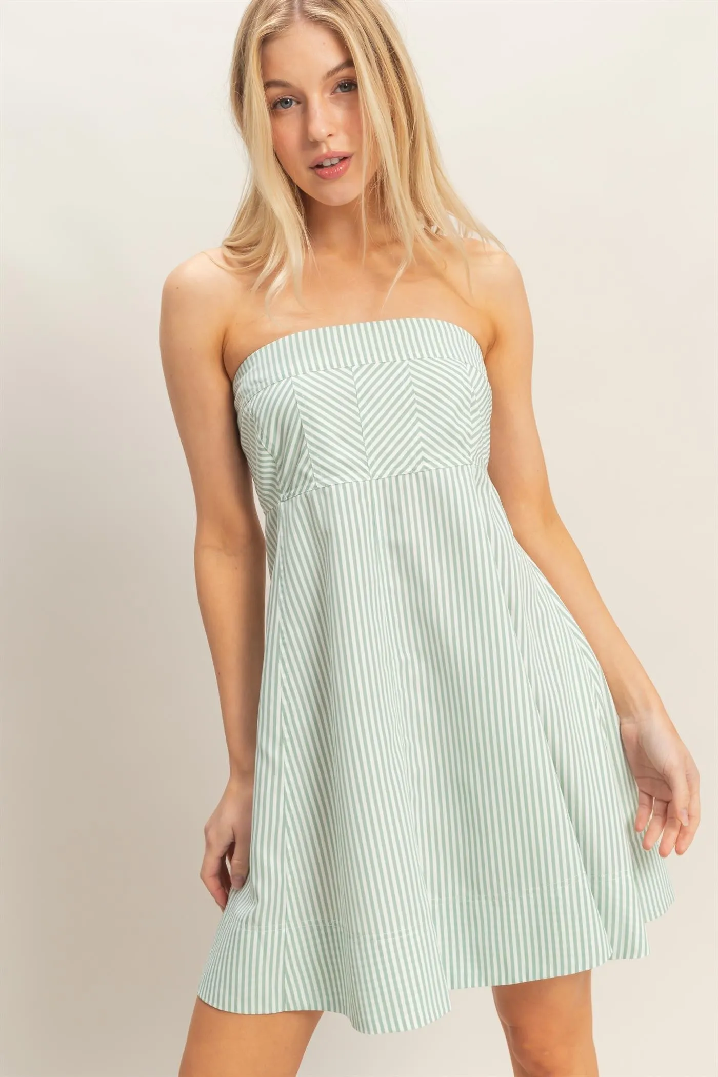 Sage Striped Strapless A-Line Dress sold by Pinkblush