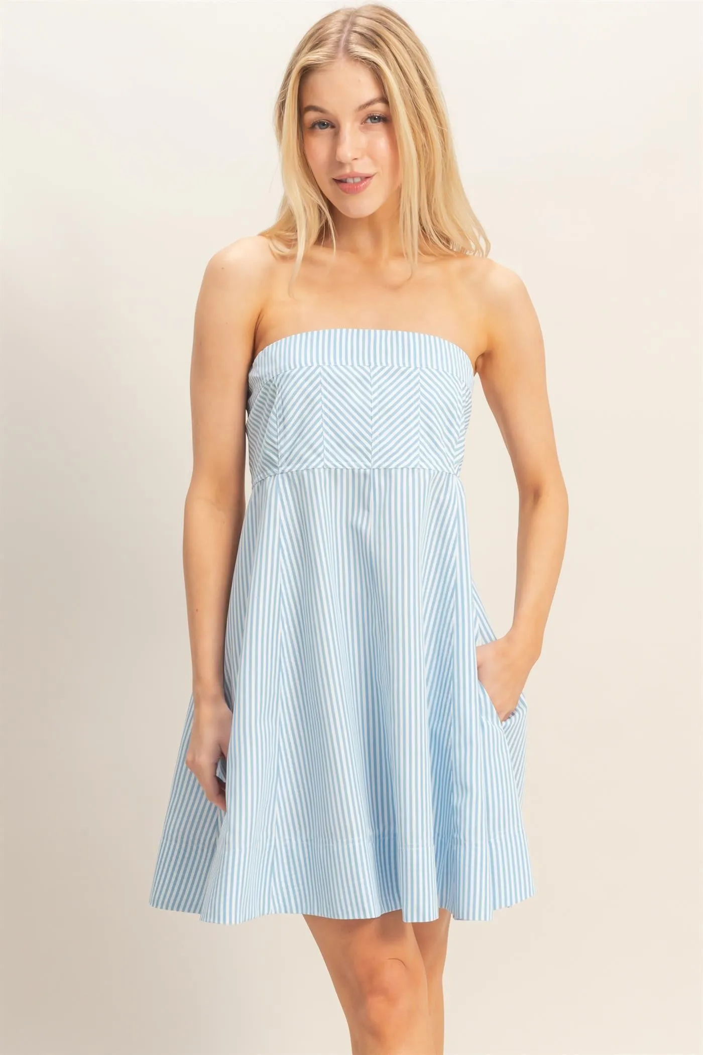 Light Blue Striped Strapless A-Line Dress sold by Pinkblush