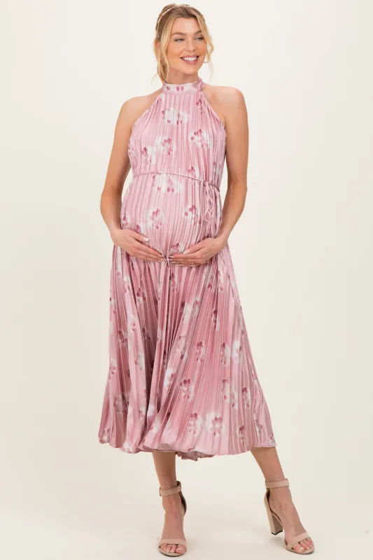Light Pink  Floral Pleated Halter Maternity Midi Dress made by Pinkblush