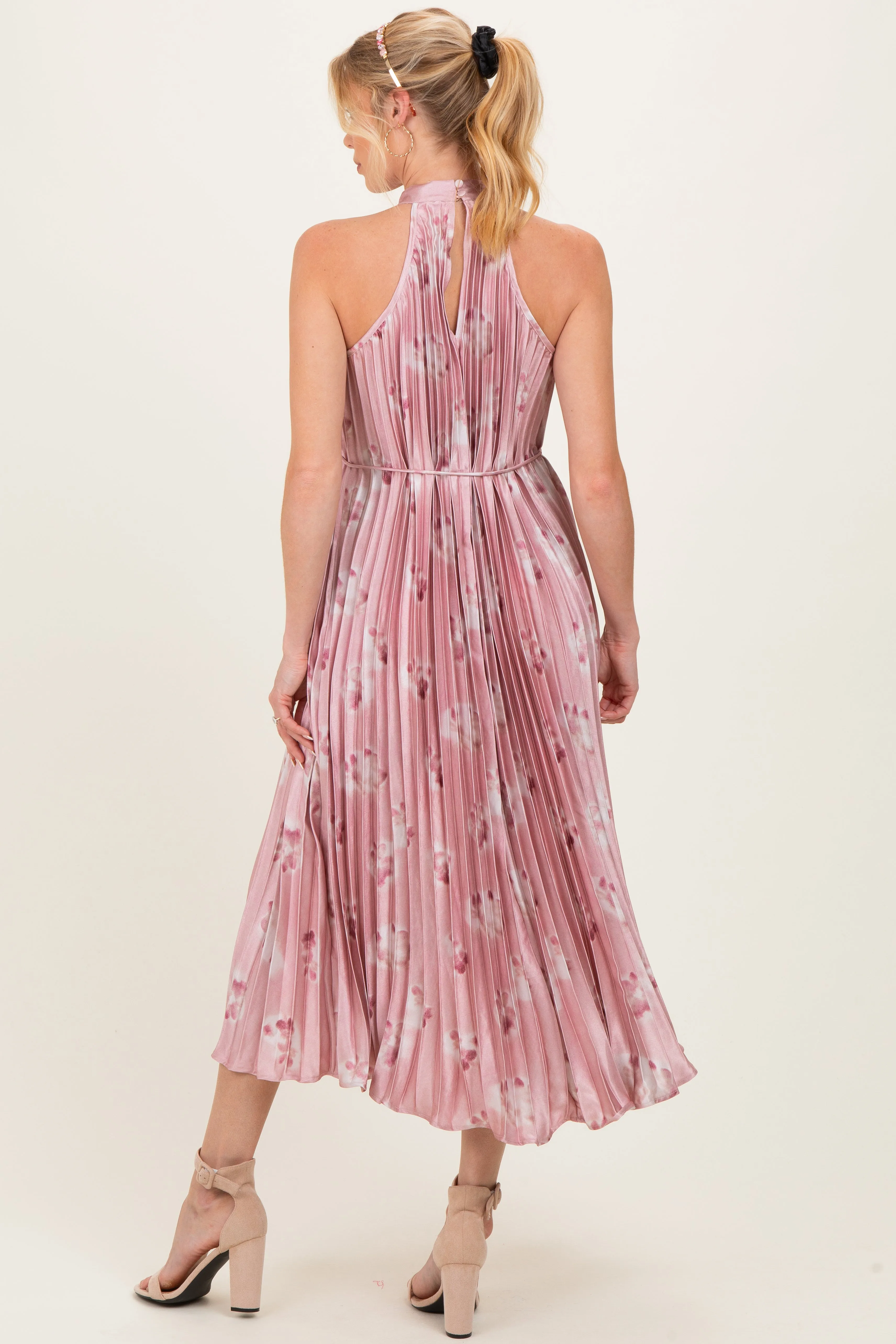 Light Pink Floral Pleated Halter Maternity Midi Dress sold by Pinkblush product image thumbnail 2