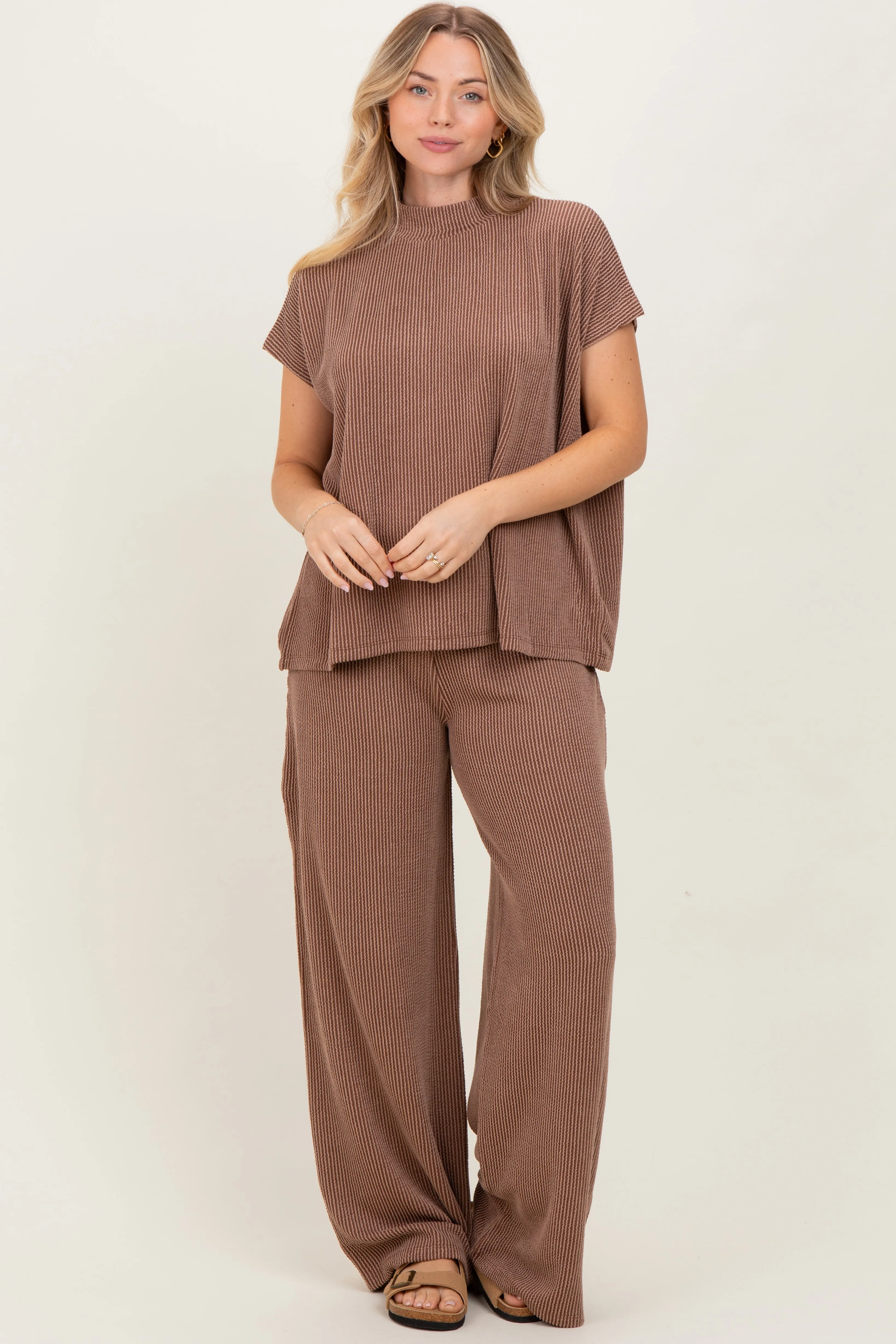 Brown Textured Rib Mock Neck Short Sleeve Pant Set sold by Pinkblush