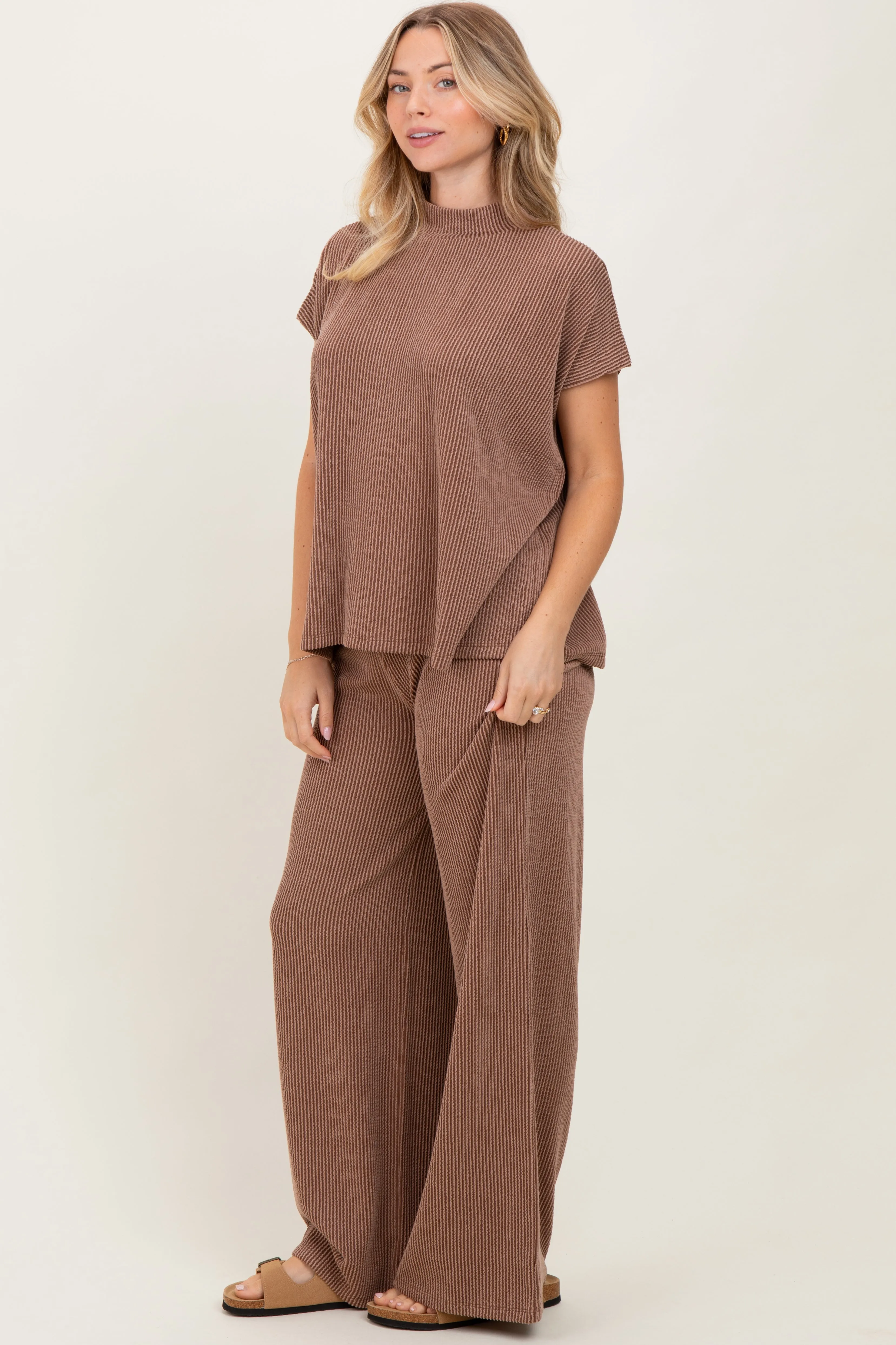 Brown Textured Rib Mock Neck Short Sleeve Pant Set sold by Pinkblush product image thumbnail 2